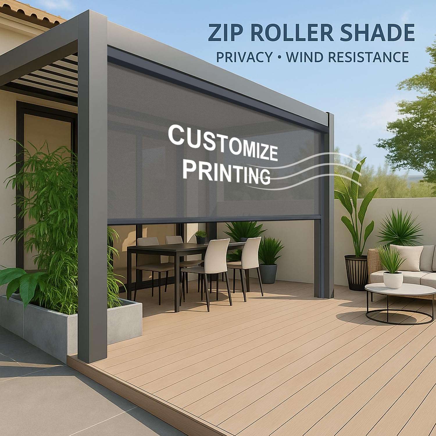 ZSHINE Hard-Wired Outdoor Snow Blocking Weatherproof Motorized Patio Roller Shades Remote Control for Porch Balcony Customized Size (Printing 10% Openness)