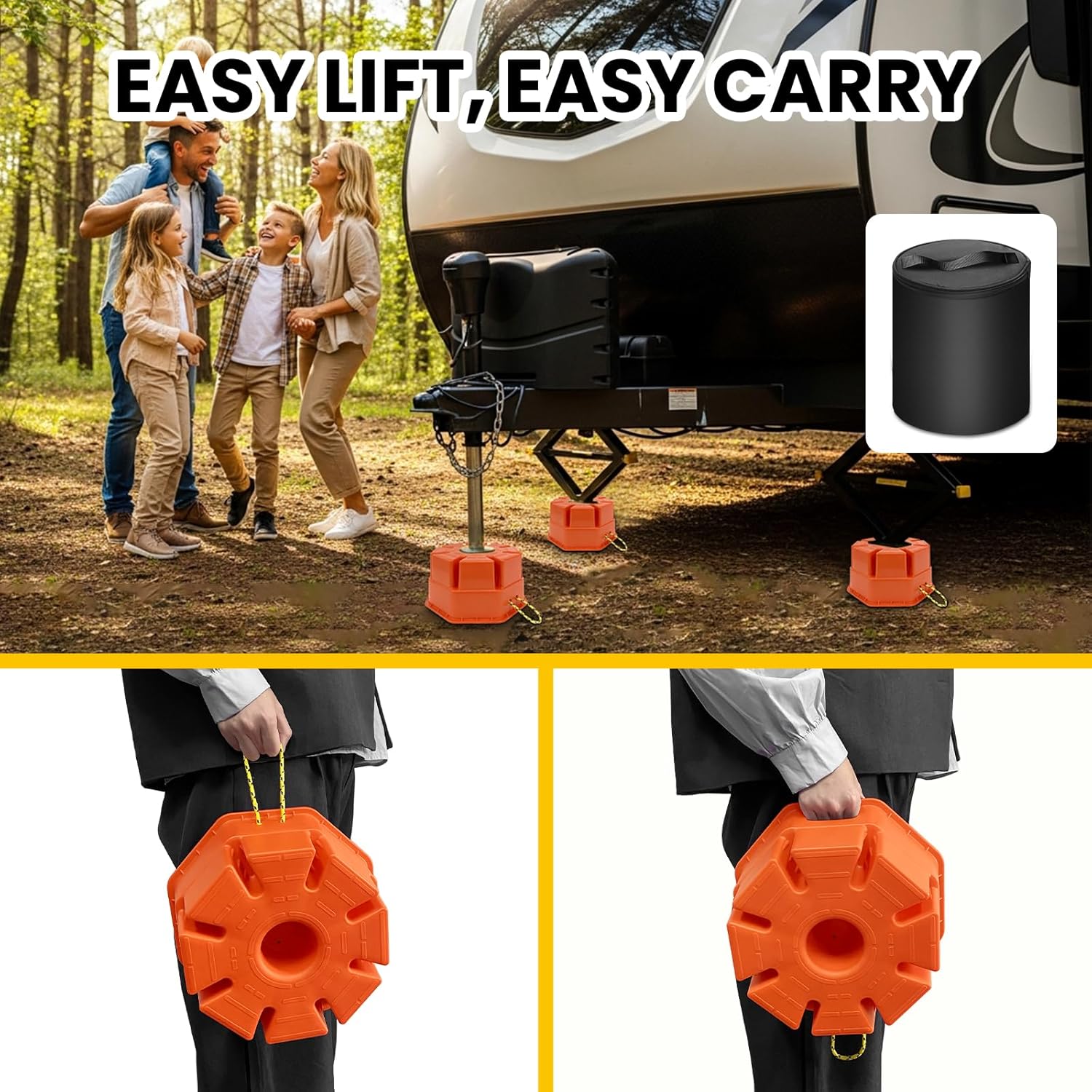 6" H Trailer Jack Block 4 Pack with Bag, 40000 lbs Capacity per Camper RV Stabilizer Blocks for Any Tongue Jack, Post, Foot, Round Square or Scissor Stabilizer, Stackable & Portable, Orange