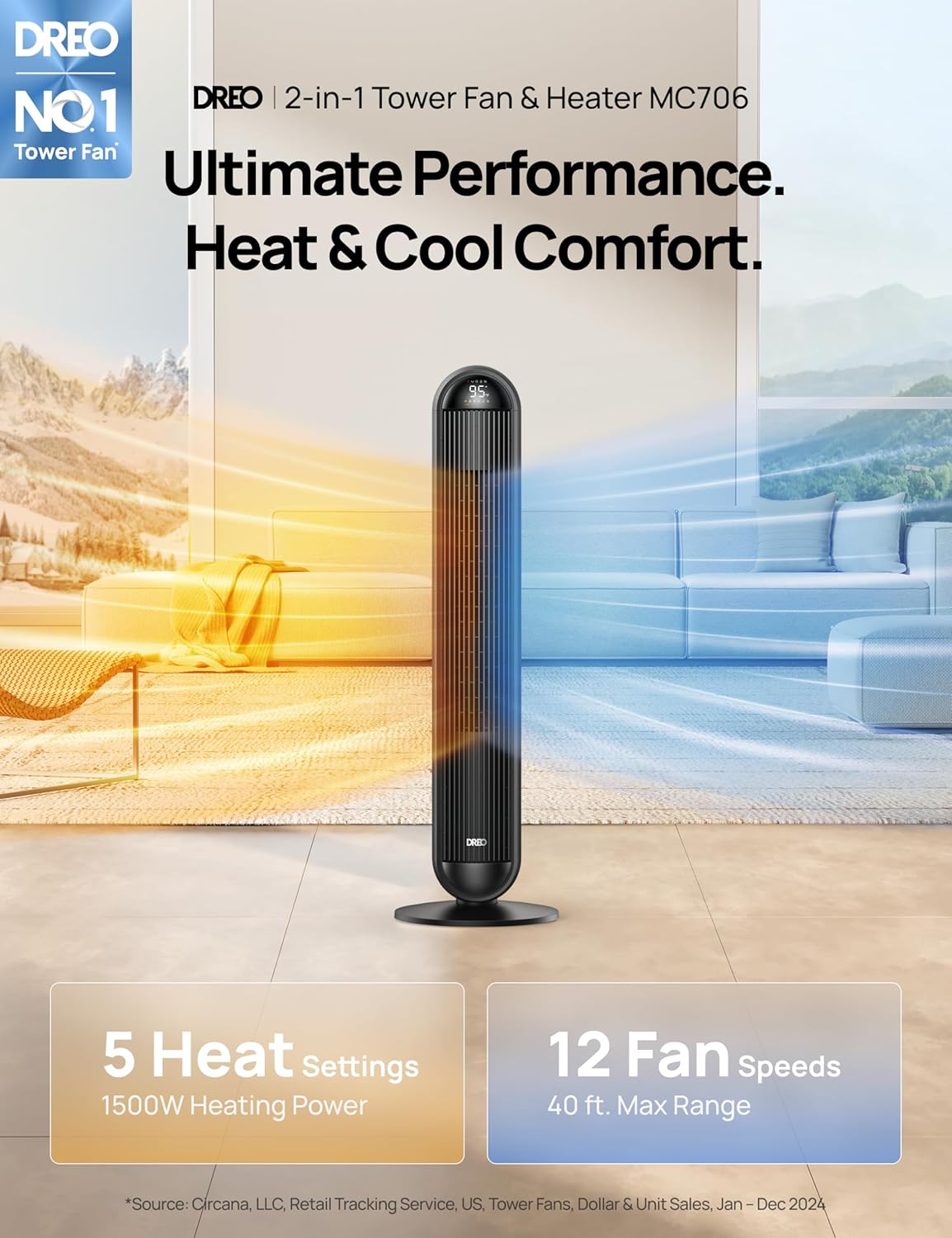 Dreo Tower Fan and Heater Combo, 29.2ft/s Standing Fans for Bedroom, 17 Levels, 6 Modes, 120° Oscillation, 42 Inch, 12H Timer, 25dB Quiet, with Remote, for Office, Large Room, Black