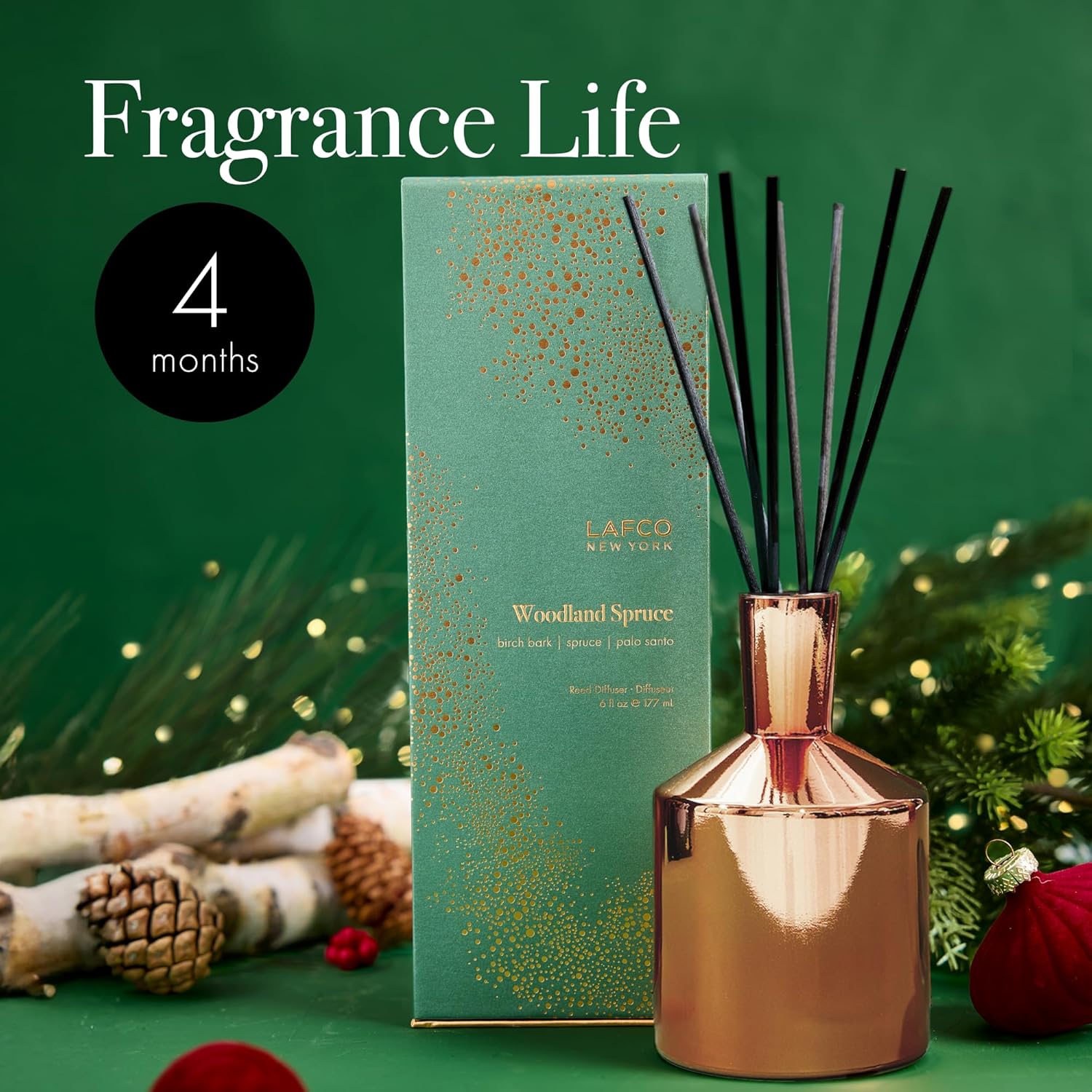 LAFCO New York Holiday Reed Diffuser, Woodland Spruce - 6 oz - Up to 3 Months Fragrance Life - Reusable Glass Vessel - Natural Wood Reeds - Made in The USA