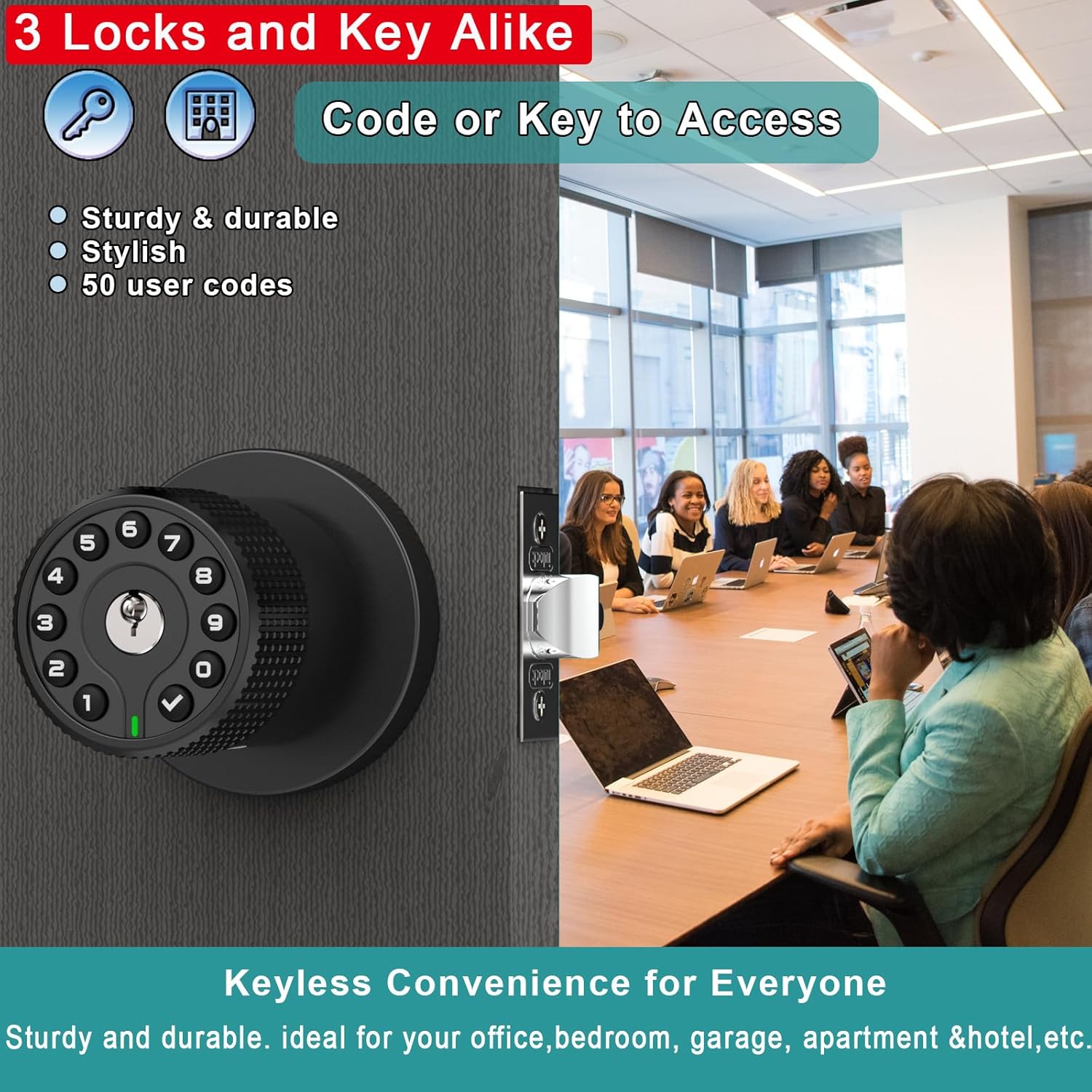 3 Pack Black Key Alike Keyless Electronic Door Knobs with Backlit Keypad, Heavy-Duty Lock, Auto-Lock, Weather Resistant