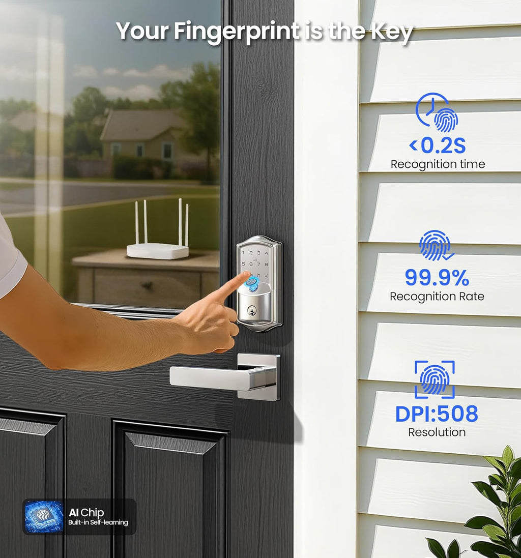 Veise VE027-L Built-in WiFi Smart Door Lock with Lever Handle Set, Fingerprint keyless Entry Door Lock, App Remote Control, Electronic Digital Keypad Deadbolt for Front Door, Auto Lock, Satin Nickel