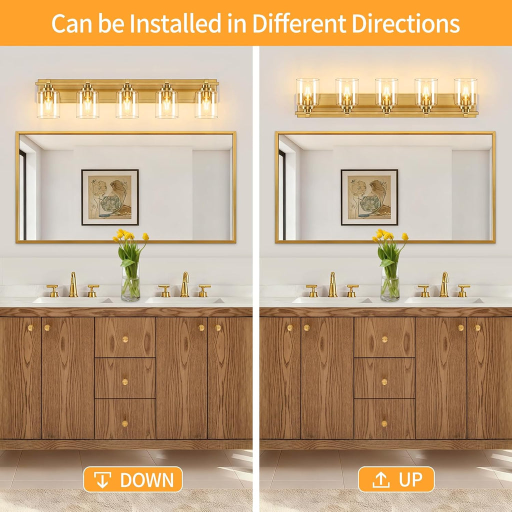 5 Light Modern Bathroom Light Fixtures Over Mirror, Brass Finish Vanity Lights for Bathroom Wall Sconces with Clear Glass Shades, E26 Socket (Bulbs Not Included)