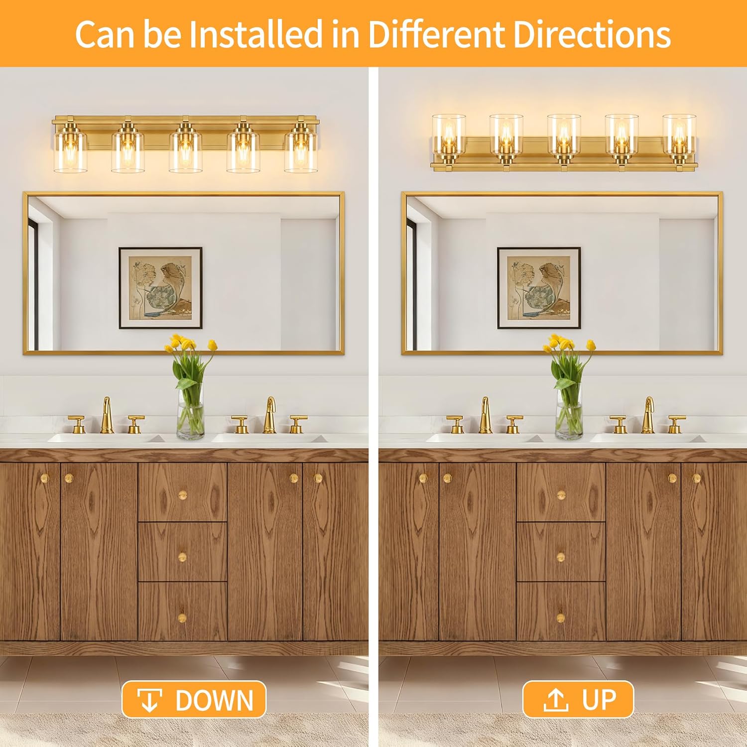 5 Light Modern Bathroom Light Fixtures Over Mirror, Brass Finish Vanity Lights for Bathroom Wall Sconces with Clear Glass Shades, E26 Socket (Bulbs Not Included)