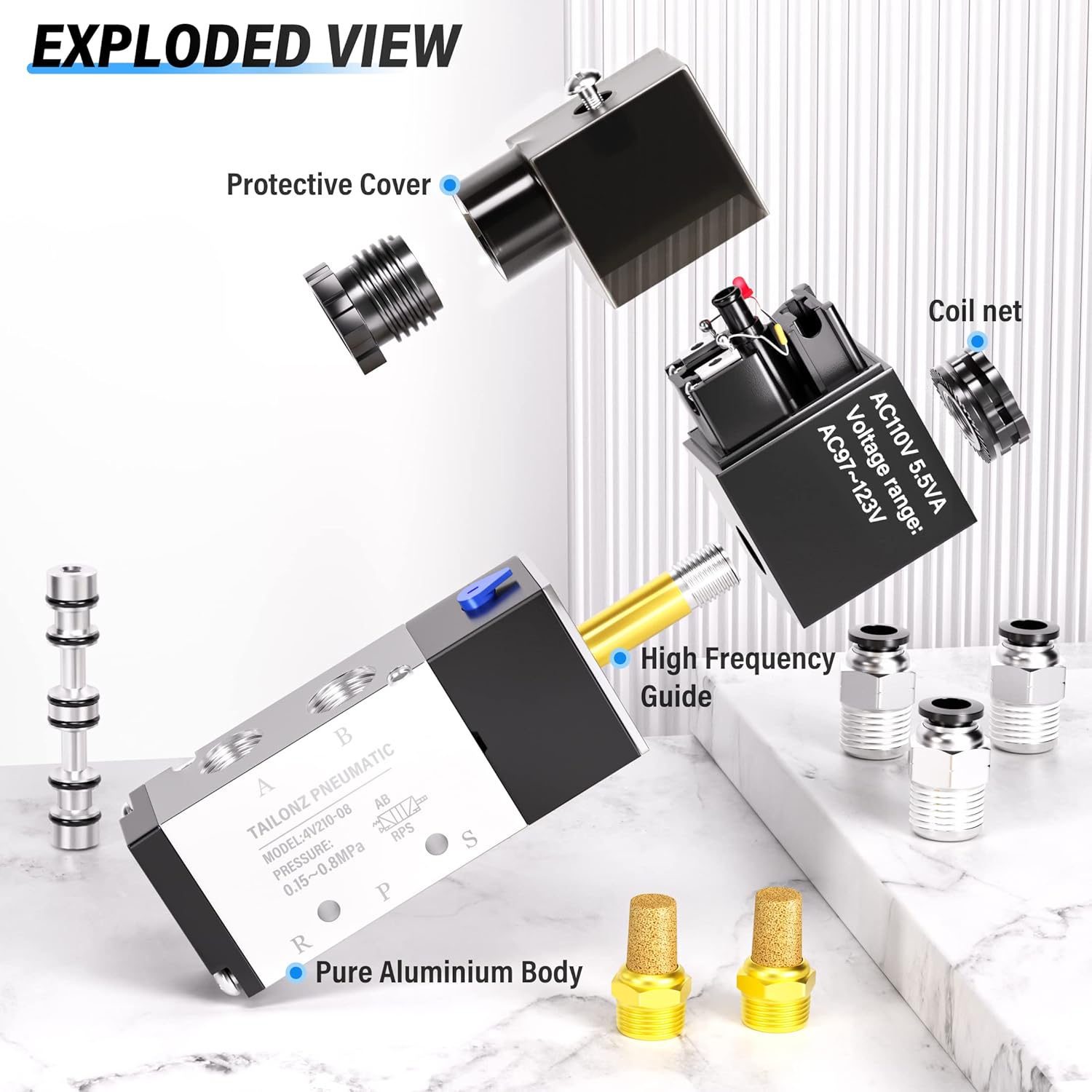 TAILONZ PNEUMATIC 1/4"NPT Solenoid Valve 4V210-08 AC110V Single Coil Pilot-Operated Electric 2 Position 5 Way Connection Type Junction Box