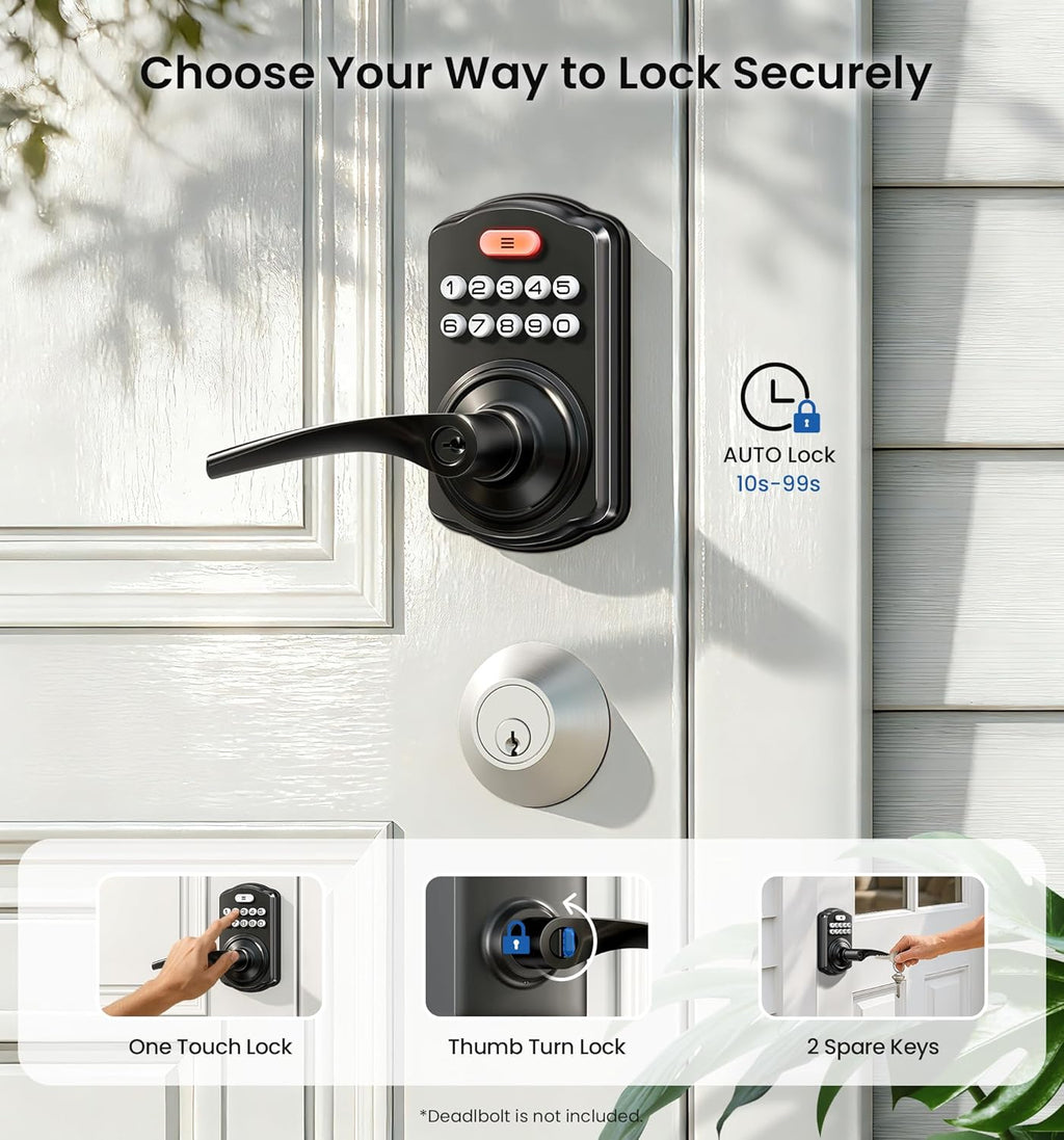 Veise Keypad Door Lock with Handle, Keyless Entry for Front Door & Bedroom, Electronic Lock with Code, Auto-Locking, Easy Installation, Passage Mode, Matte Black