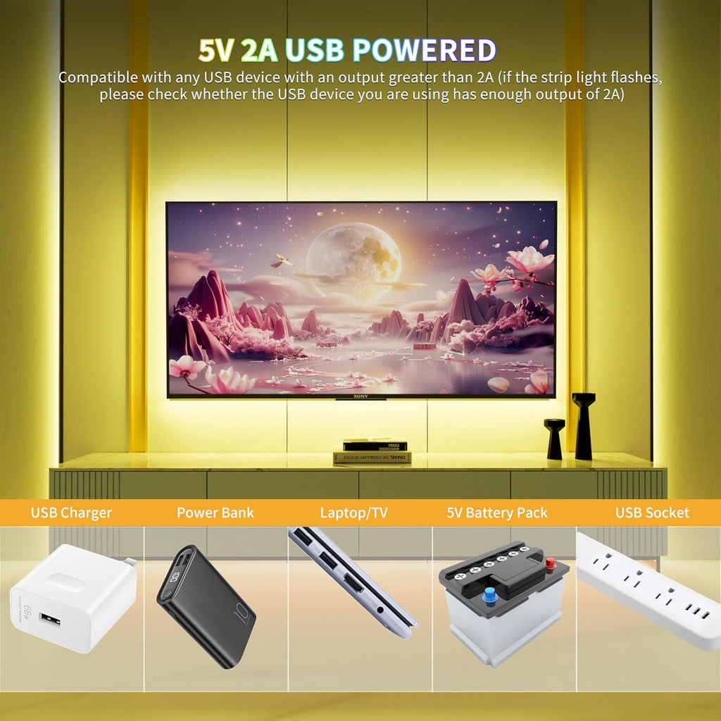 PAUTIX 5V USB RGB COB LED Strip Light 4.92ft/1.5m Color Changing Strip Lights,TV Backlight Multicolor Flexible Under Cabinet Tape Lights with Bluetooth Control for Bedroom,Kitchen,Home DIY Lighting