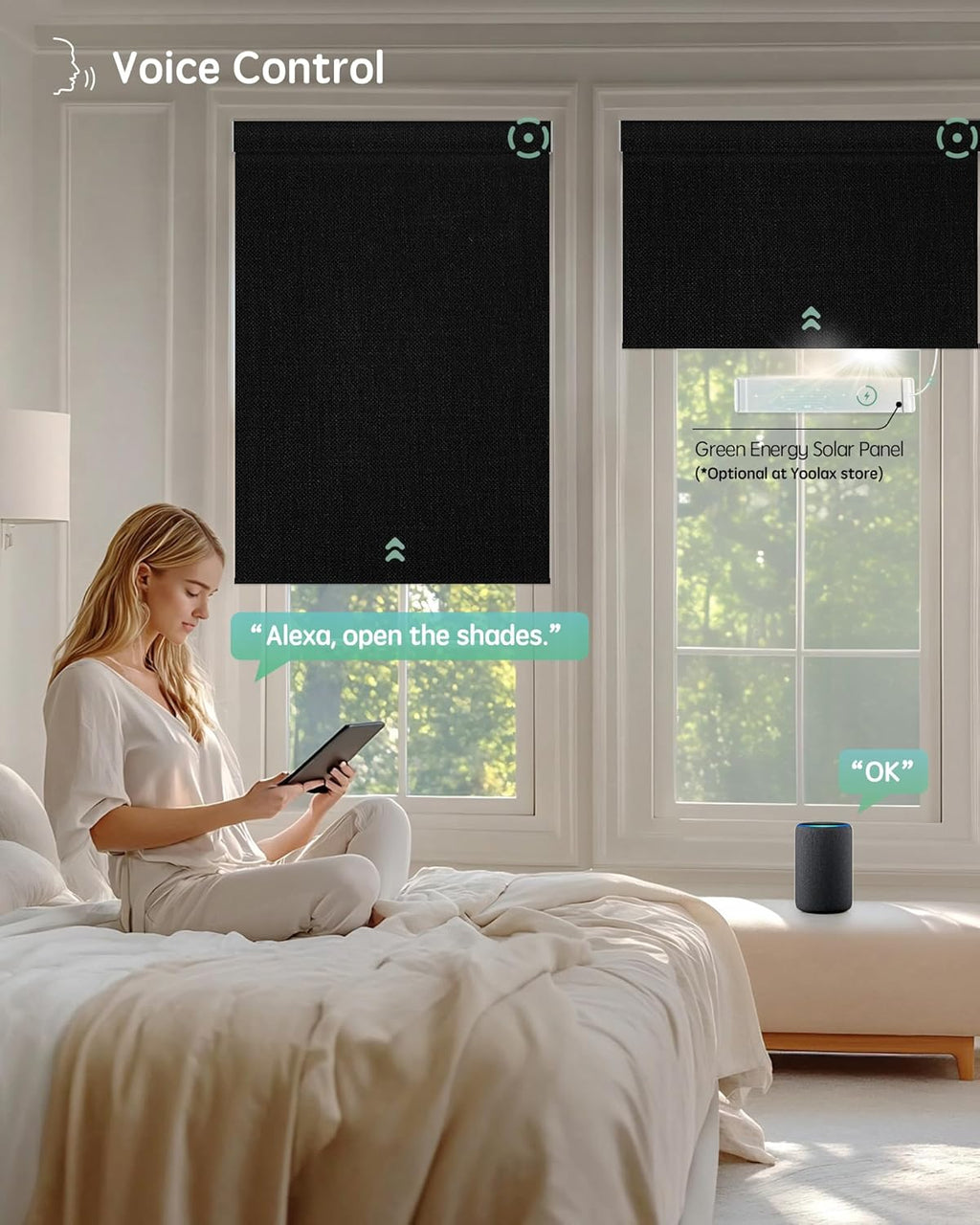 Yoolax Motorized Blinds with Remote, Blackout Smart Blinds Motorized Fabric Roller Shades Work with Alexa, Automatic Shades for Windows Custom Size (Black)