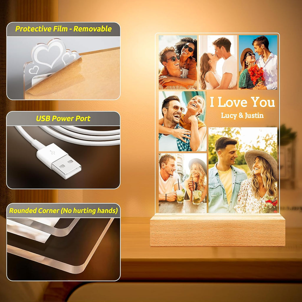 Custom Picture Frames with Photo, Personalized Photo Frame with Night Light, Customized Picture Frame, Personalized Anniversary Valentines Day Gifts for Women Men Her Him Girlfriend Boyfriend Couple