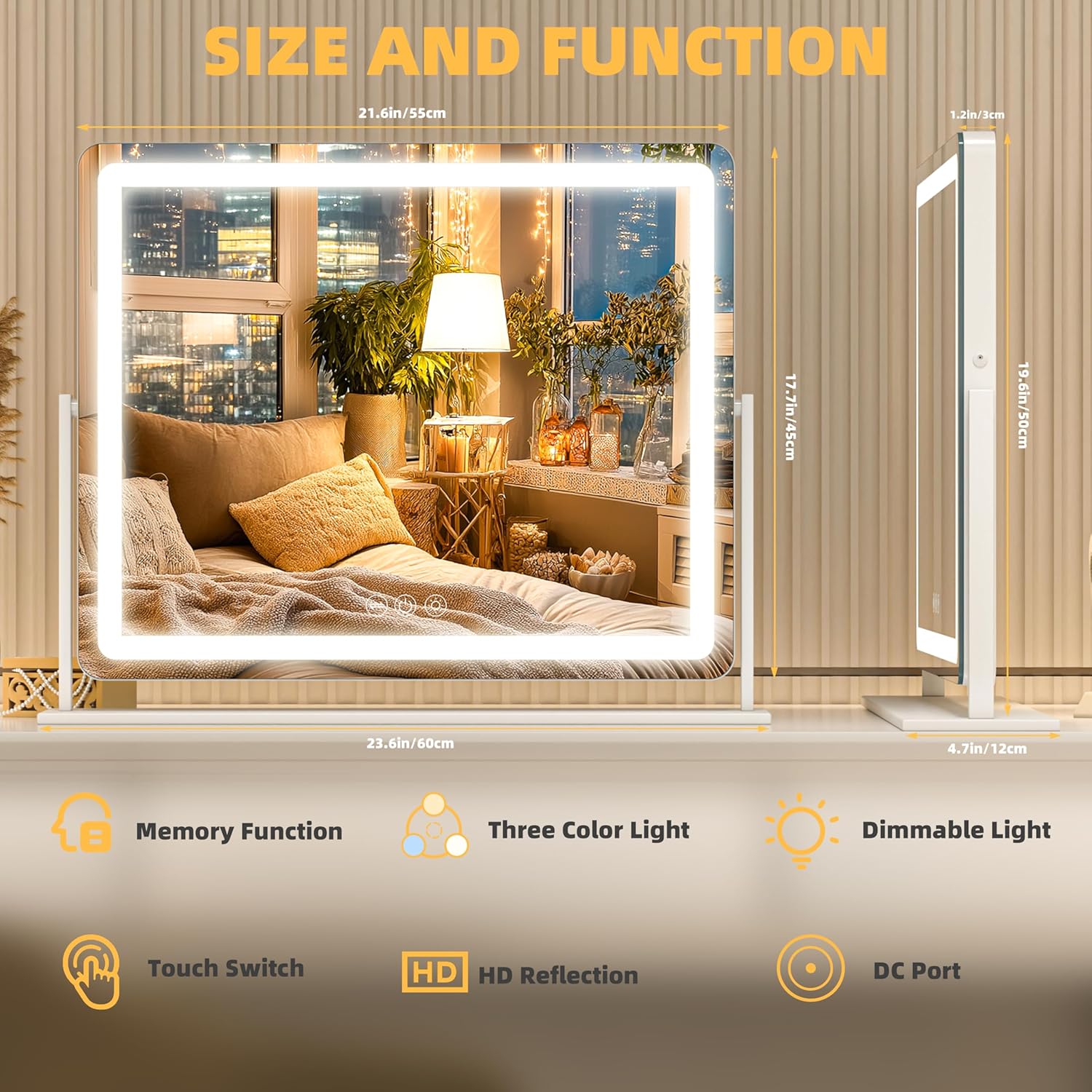 Vanity Mirror with Lights, 23.6'' x 20'' Lighted Makeup Mirror, Touch Screen with 3-Color Lighting, Dimmable for Vanity Desk Tabletop Round White