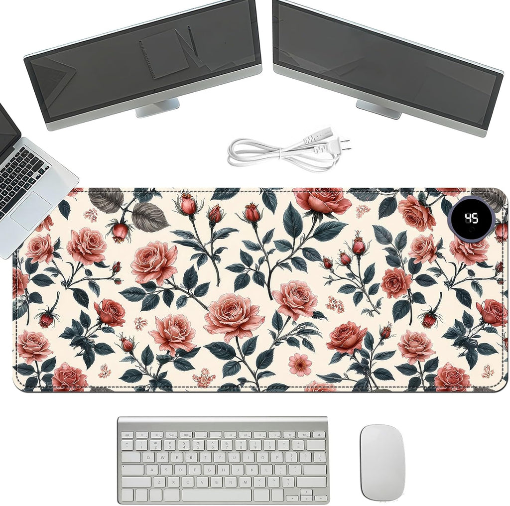 Heated Mouse Pad with 3 Temperature Settings(104°F–122°F),Large 31.5x13 Inch PU Leather Heated Desk Mat,Waterproof Warming Pad for Office,Gaming & Cold Hands Relief,Retro Flowers