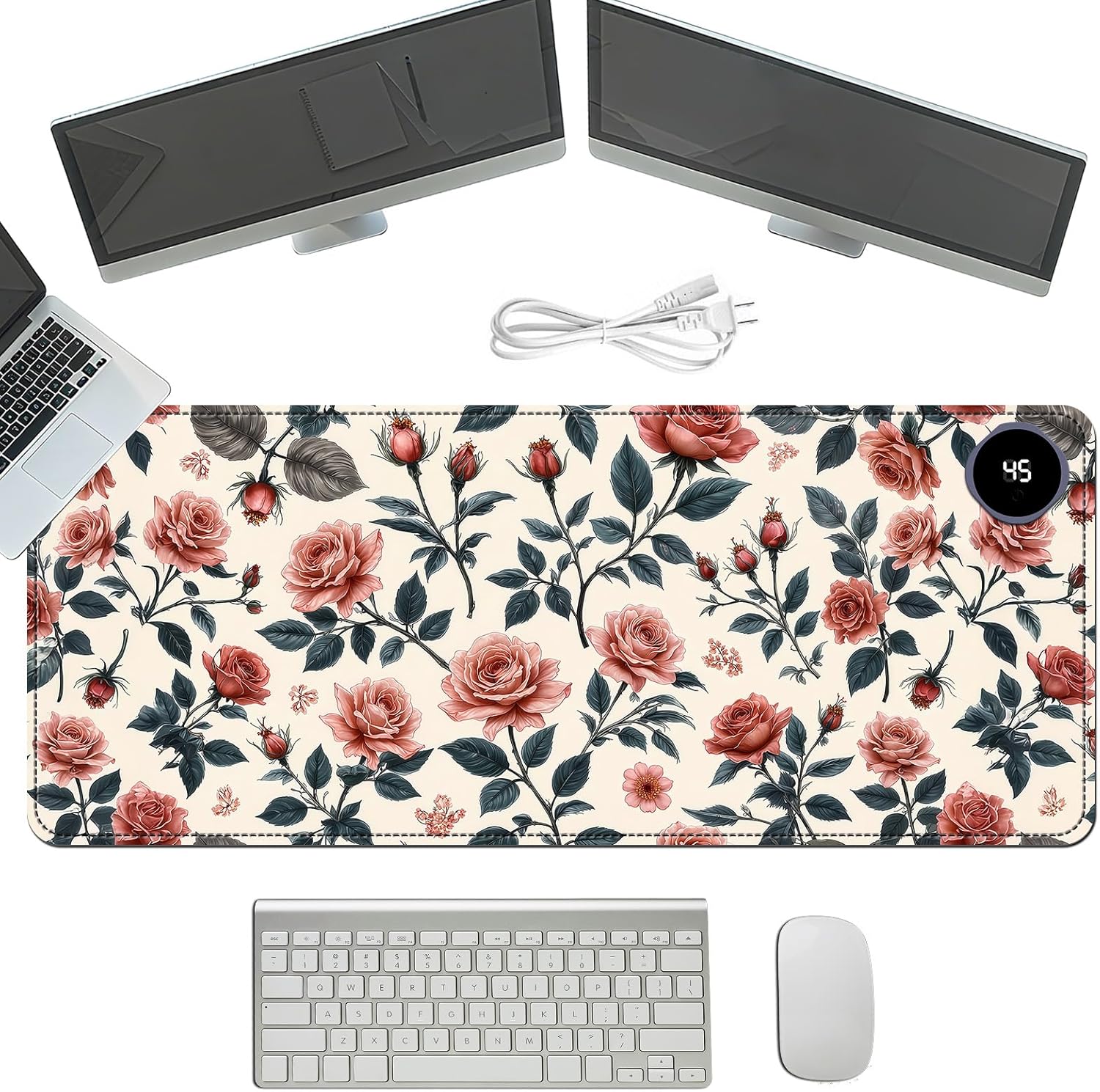 Heated Mouse Pad with 3 Temperature Settings(104°F–122°F),Large 31.5x13 Inch PU Leather Heated Desk Mat,Waterproof Warming Pad for Office,Gaming & Cold Hands Relief,Retro Flowers