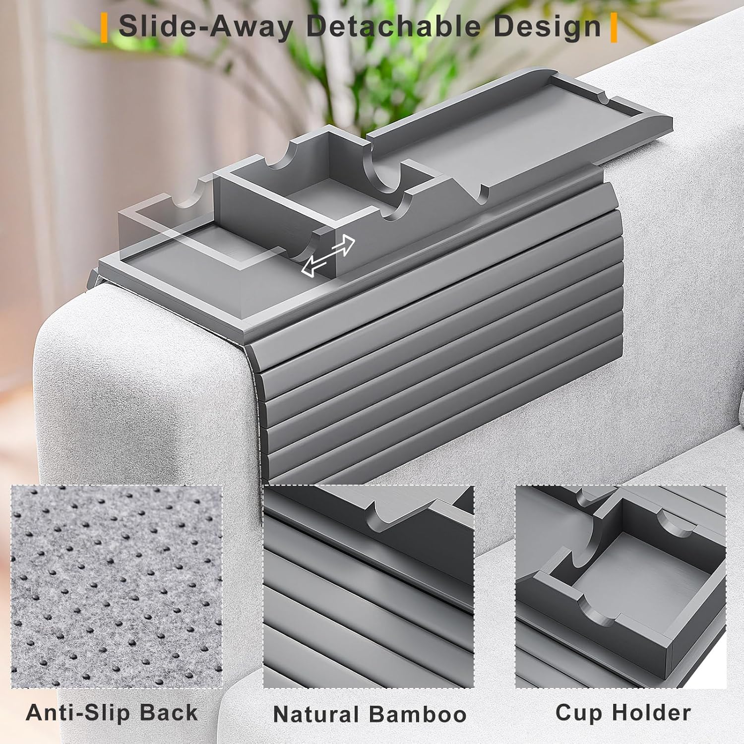Bamboo Couch Armrest Table, Sofa Arm Tray with Detachable Couch Cup Holder- 2 in 1 Anti-Slip Foldable Sofa Armchair Caddy Table for Drinks Cellphone TV Remote Snacks (Gray)
