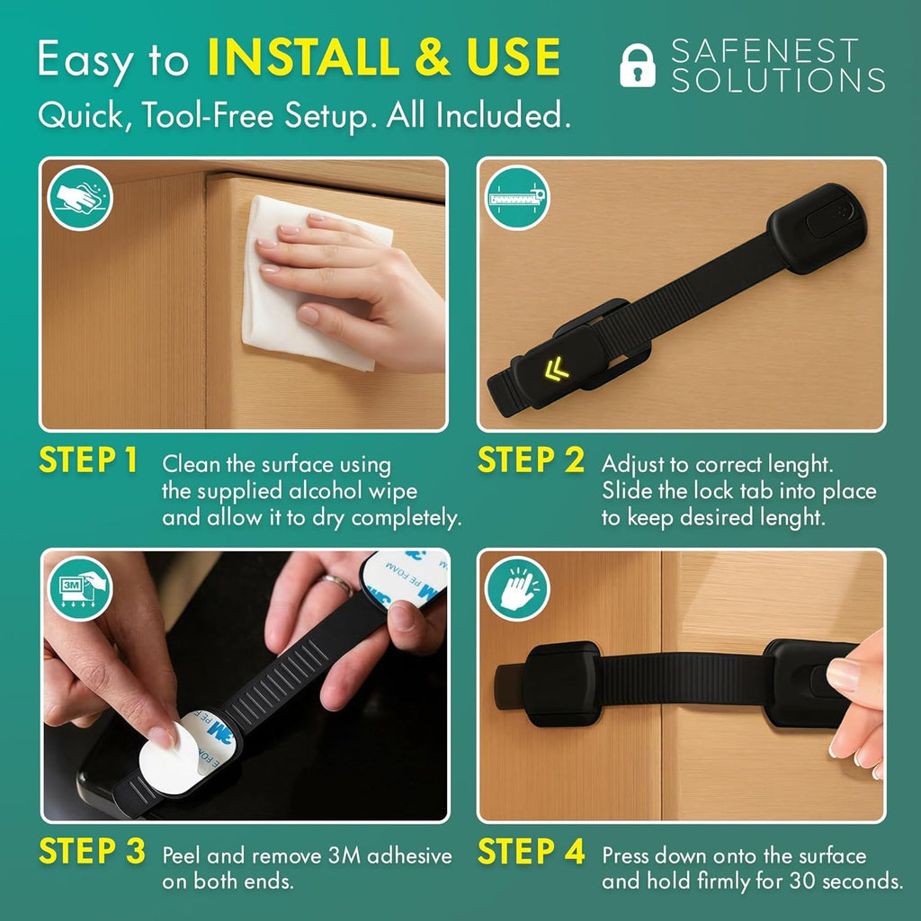 SAFENEST Child Proof Cabinet Locks (5 Pack Black) 3M Adhesive for Cabinets and Drawers, Fridge, Drawer Locks Baby Proofing, No Drilling; Alcohol Prep Pads Included
