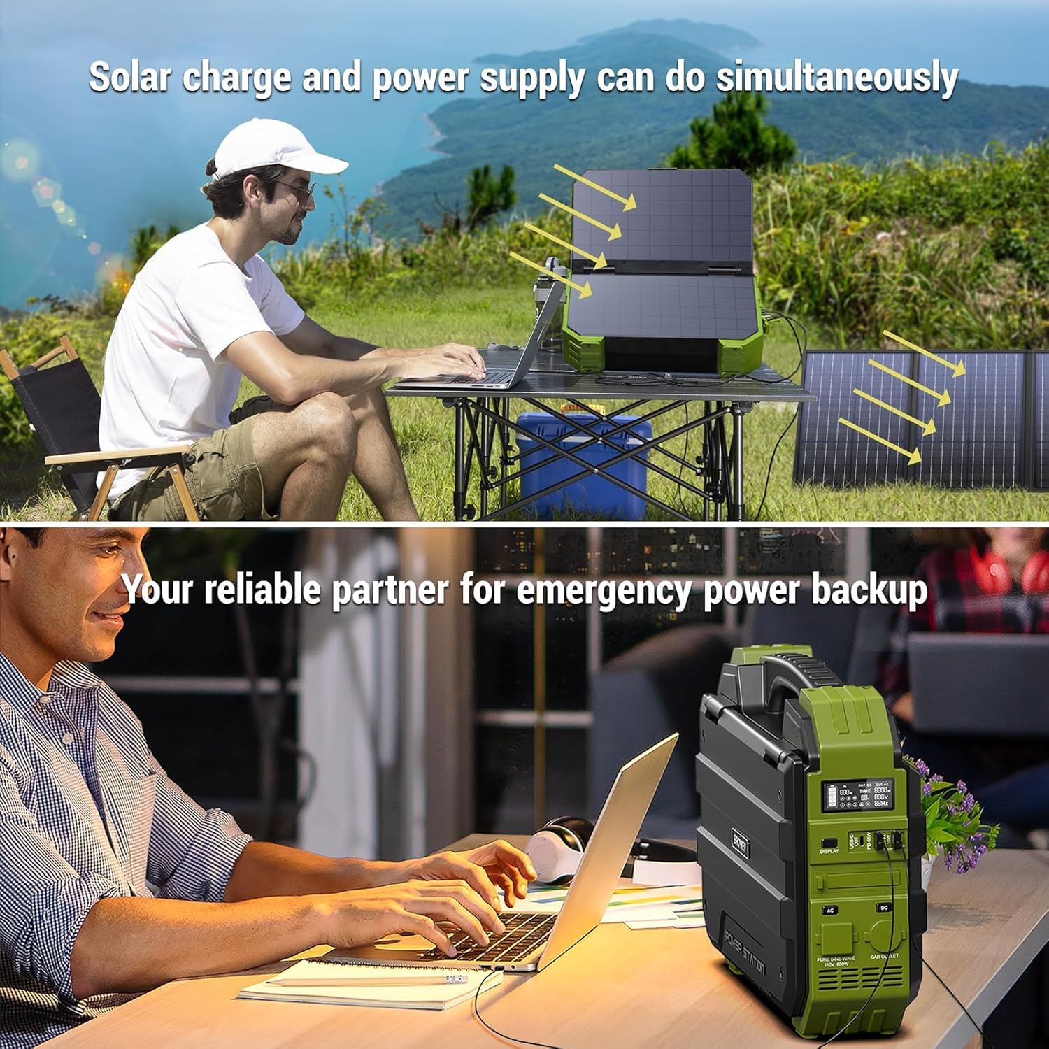 BROWEY Portable Power Station, 1000W (Peak 2000W) Solar Generator with Built-in Solar Panel, 614WH LiFePO4 Battery Pack, AC/DC/USB/PD Outputs, for Outdoor Camping, RV Travel, Emergency Preparedness
