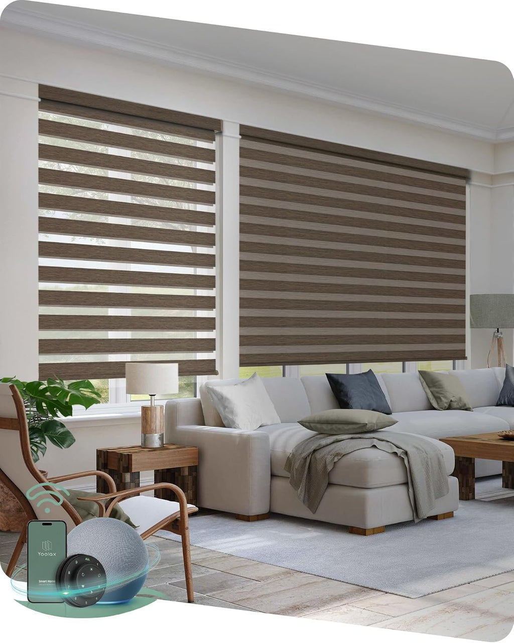 Yoolax Motorized Zebra Blinds Compatible with Alexa, Smart Room Darkening Shades with Privacy Light Control, Electric Horizontal Window Blind Customized Size for Home Office (Wool Brown)