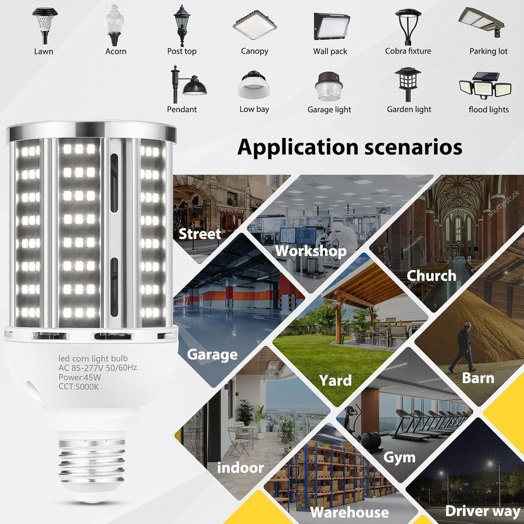 45W LED Corn Light Bulb 2 pack,400W Equivalent 5000K Commercial Grade Daylight E26/E39 6000LM Medium Mogul Base LED Lamp,Large Area Lights For Outdoor Indoor Garage Warehouse street Factory Bay Light