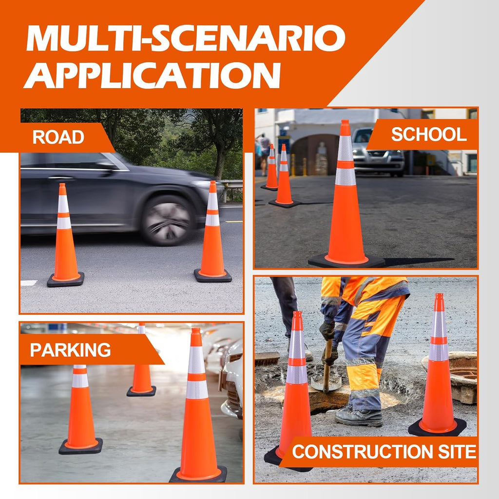 6 Pack 36 Inch Orange PVC Traffic Cones with Black Base, Stable Large Size Safety Cones for Highway, Construction, and Outdoor Use (6, Orange, 36 Inch)