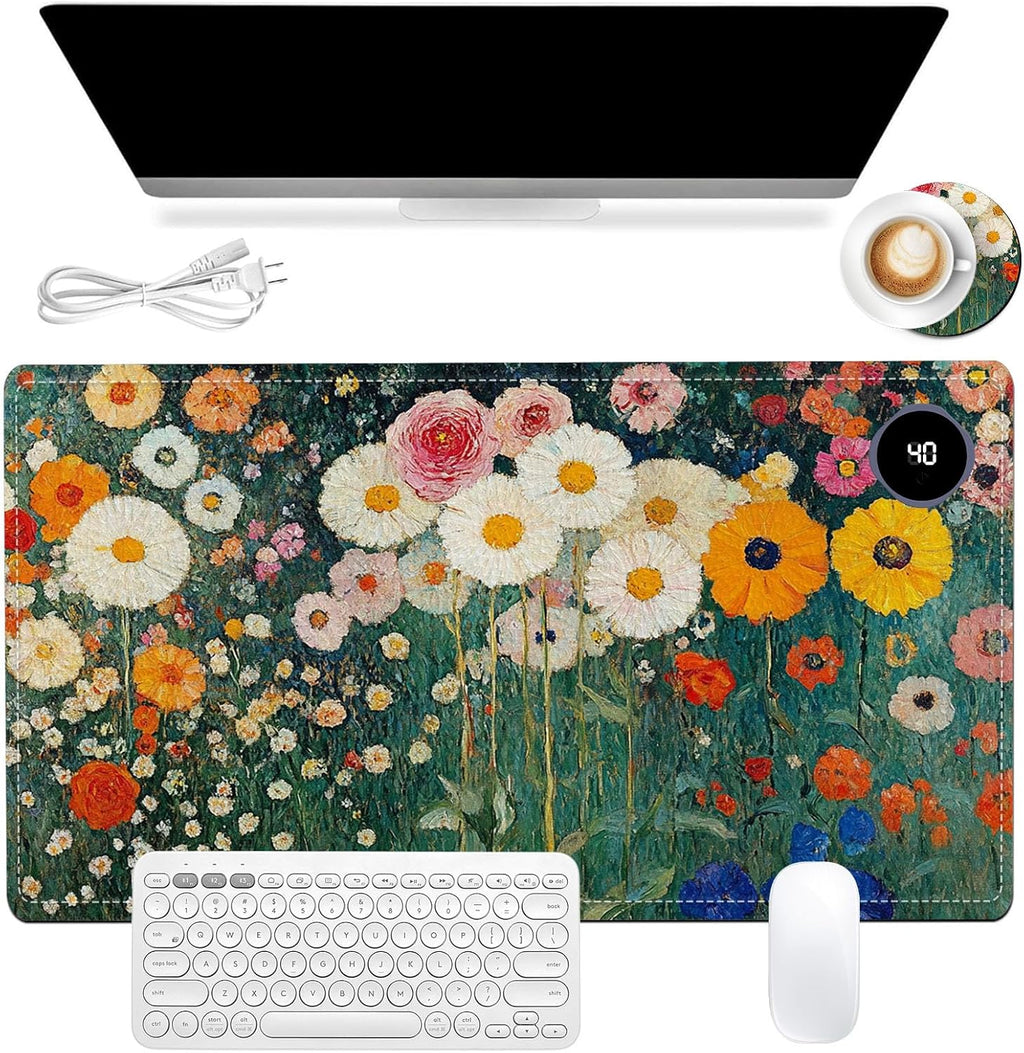 Heated Mouse Pad 23.6 x 14 in 3-Temp Fast Heating Desk Mat with Auto Timer Warmer for Hands Wrist Pain Relief Waterproof Keyboard Mat for Office, Gaming, Home, Floral Garden