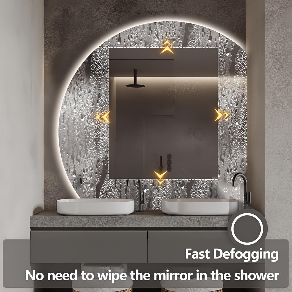 Niccy Half Moon LED Mirror for Bathroom, 44" Semi Backlit Mirrors Frameless Makeup Mirror with Light, Anti-Fog, Shatter-Proof, 3 Colors, Smart Vanity Mirrors
