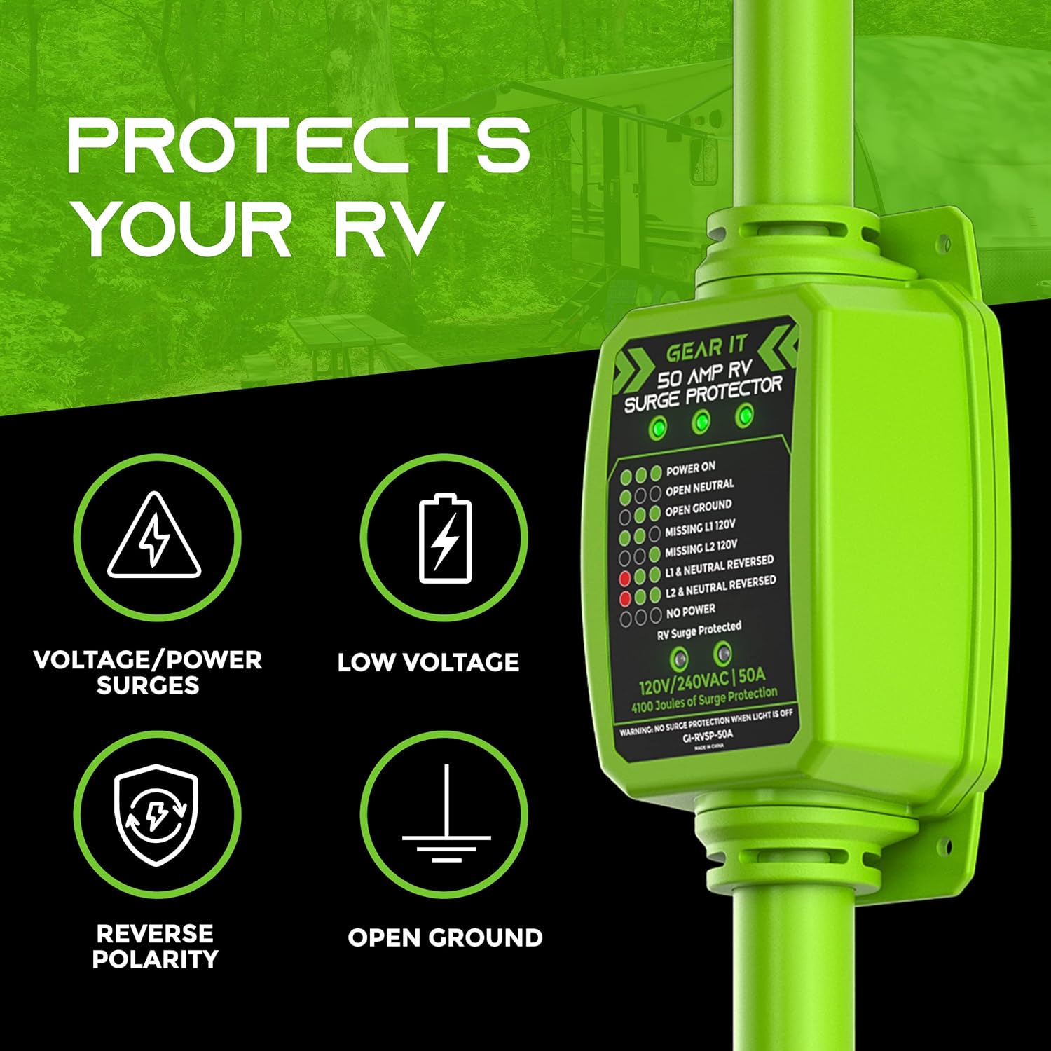 GEARit RV Surge Protector 50 AMP - Circuit Analyzer Voltage Protector/Monitor with Surge Protection (4100 Joules) Weather Resistant 50A Extension Plug for RV Trailer Travel Outdoor Camper