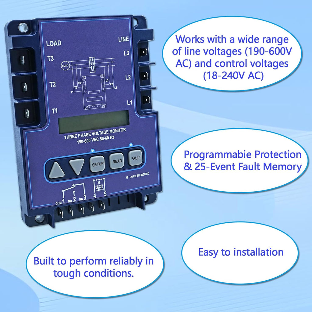 ICM450A 3-Phase Voltage Monitor with Backlit LCD, 190-600V AC, 25-Fault Memory, Programmable Relay, Replacement for ICM450A, EAC-800, PFM-2000