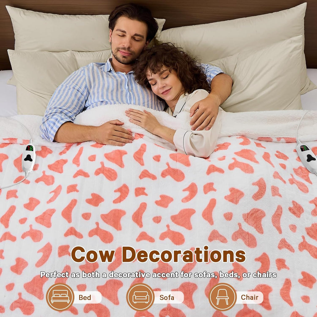 Cow Print Electric Heated Blanket Queen Size,84X90 Pink Heating Blanket Queen with Dual Control&Timer&10 Heat Levels,Cute Cow Decor Sherpa Blankets Warmer Gifts for Bed Women Adults