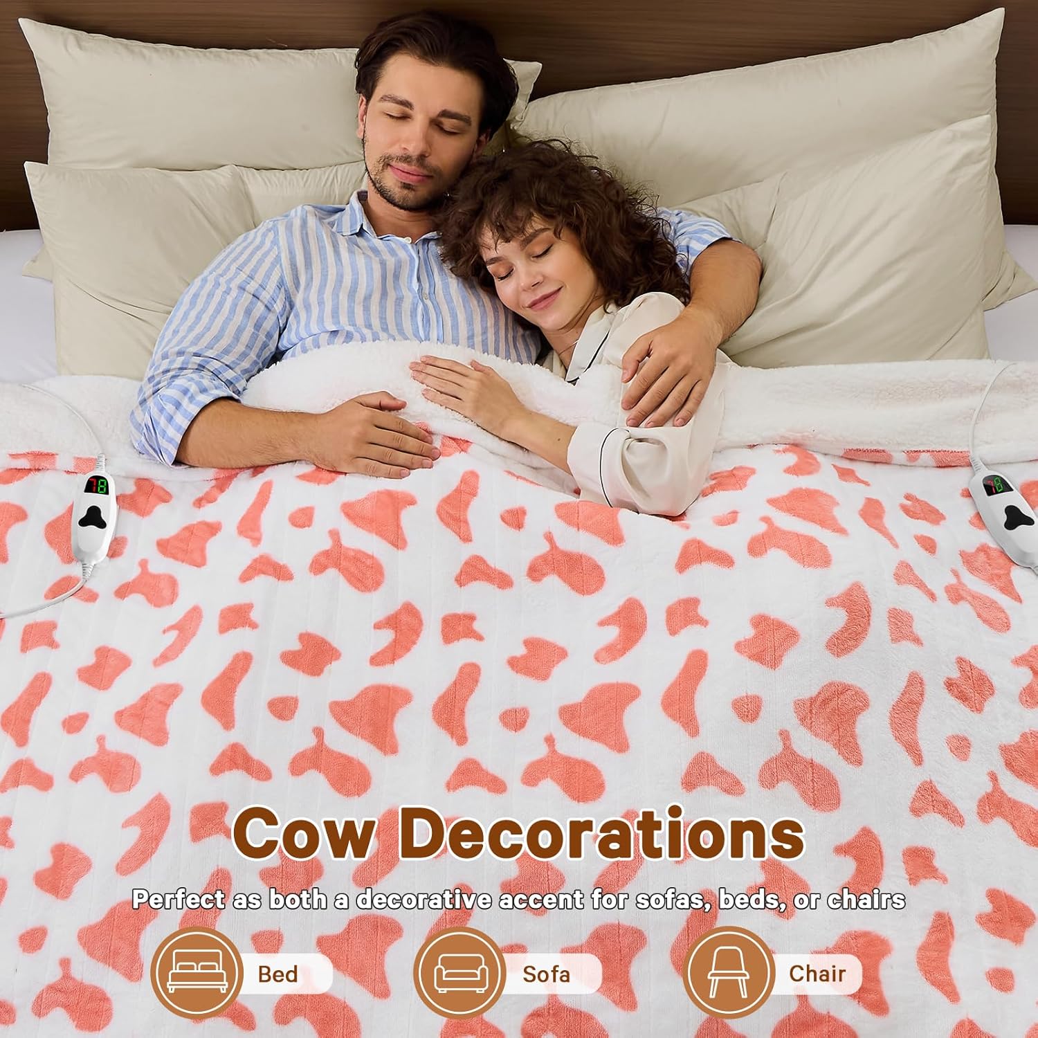 Cow Print Electric Heated Blanket Queen Size,84X90 Pink Heating Blanket Queen with Dual Control&Timer&10 Heat Levels,Cute Cow Decor Sherpa Blankets Warmer Gifts for Bed Women Adults