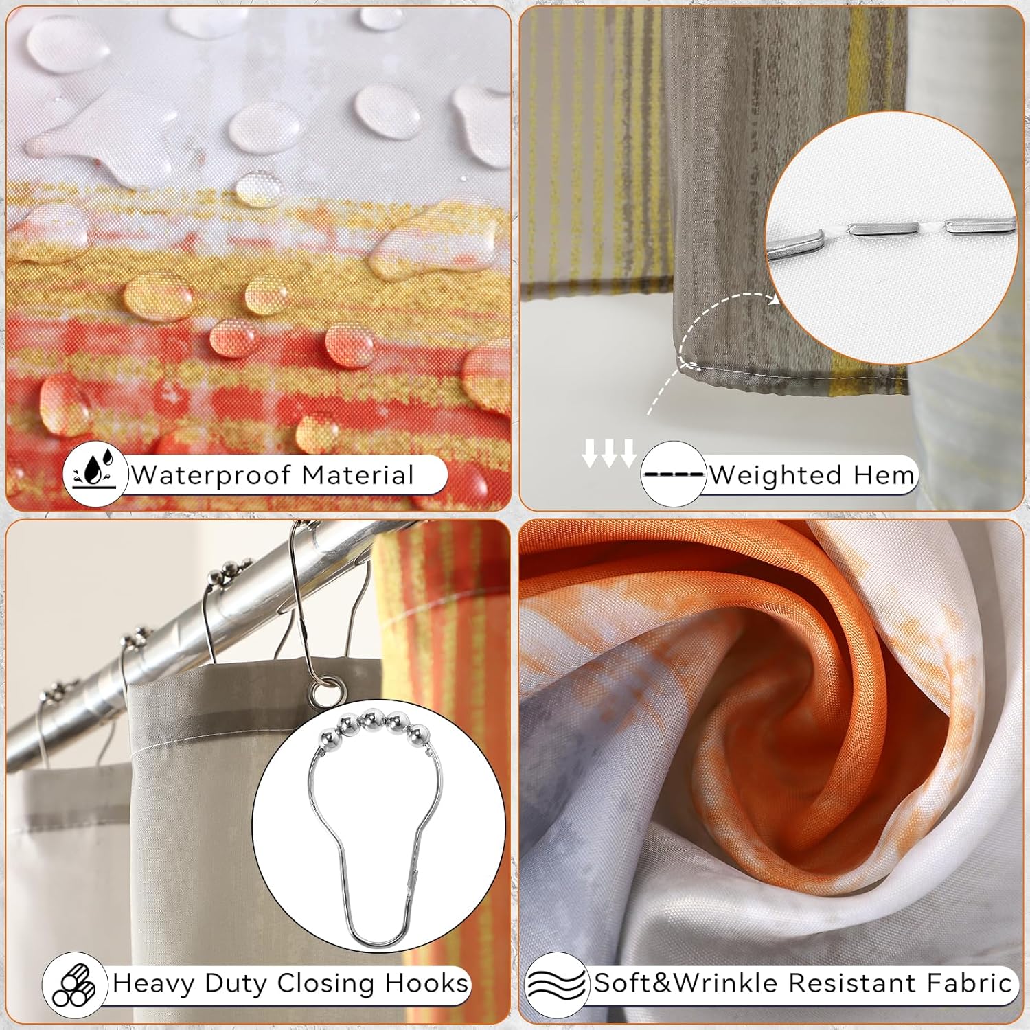 Bathroom Set - Orange Bathroom Accessories Set, Bathroom Sets with Shower Curtain and Rugs, Orange Shower Curtain Set with Bathroom Trash Can, Soap Dispenser, Soap Dish for Home Decor