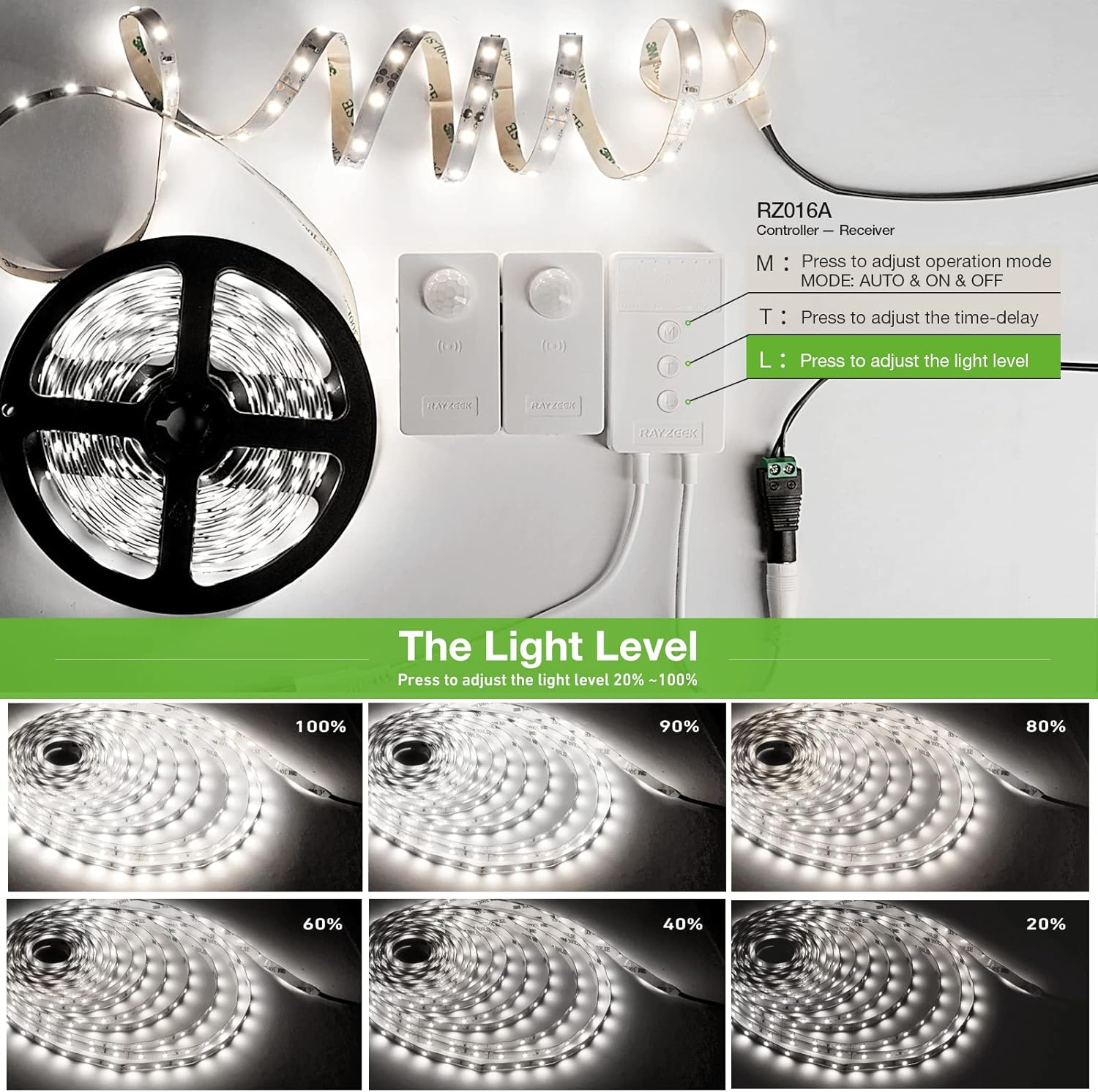 RAYZEEK Wireless Motion Activated LED Strip Lights,19.7FT LED Strip Lights with Power Adapter,RF Wireless Motion Sensor Control Dimmer,Timing,Cool White (1×Controller+2×Motion Sensor)