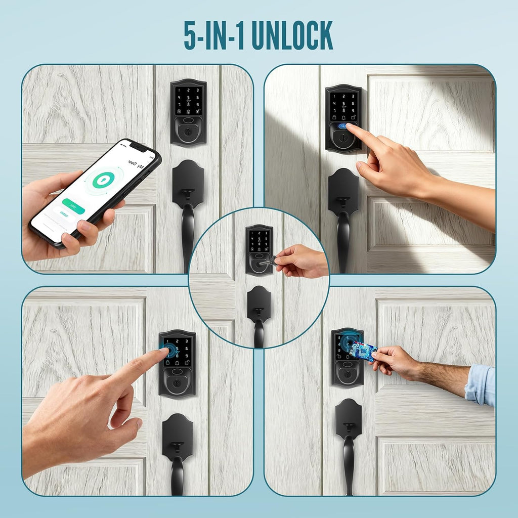 Smart Deadbolt Fingerprint Door Lock with Handle, App Control, Touchscreen Keypad Keyless Entry Door Lock Set with Doorbell, Voice Prompts, Auto Lock, 300+ User Capacity, Matte Black