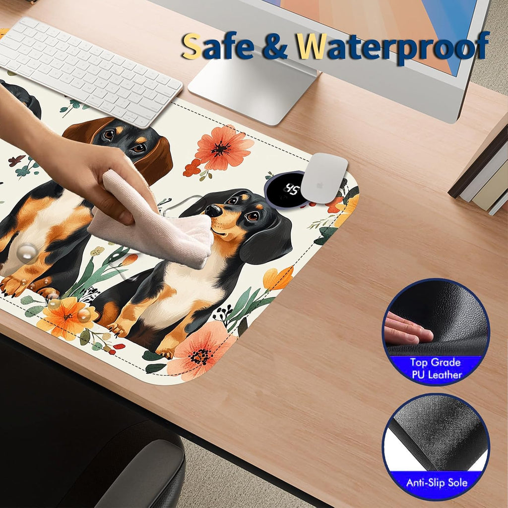 Heated Mouse Pad with 3 Temperature Settings(104°F–122°F),Large 24x14.2 Inch PU Leather Heated Desk Mat,Waterproof Warming Pad for Office,Gaming & Cold Hands Relief,Dogs and Flowers