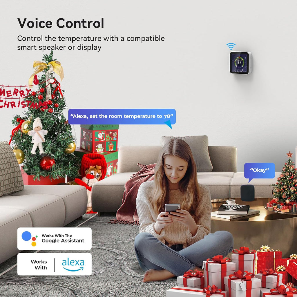 Vine Smart Thermostat - WiFi Programmable Thermostat for House - Compatible with Alexa and Google Assistant, 4.0" Touch Screen Christmas Valentine's Day Optional Wallpaper, C-Wire Required