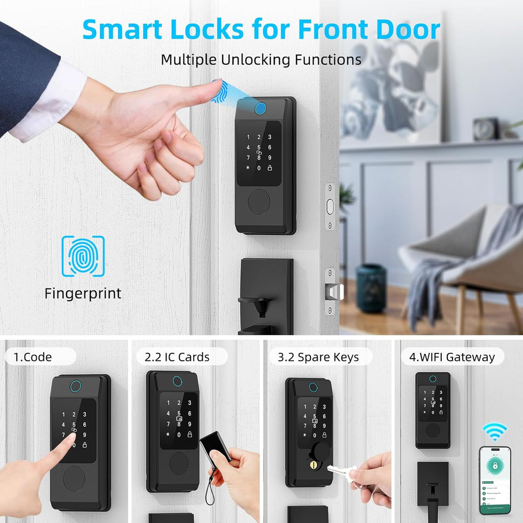 WiFi Front Door Lock Sets with Handle, Fingerprint Keyless Entry and Smart Keypad with Lever Handles, Electronic Screen+WiFi Gateway, APP Control, Auto-Lock, Voice Control