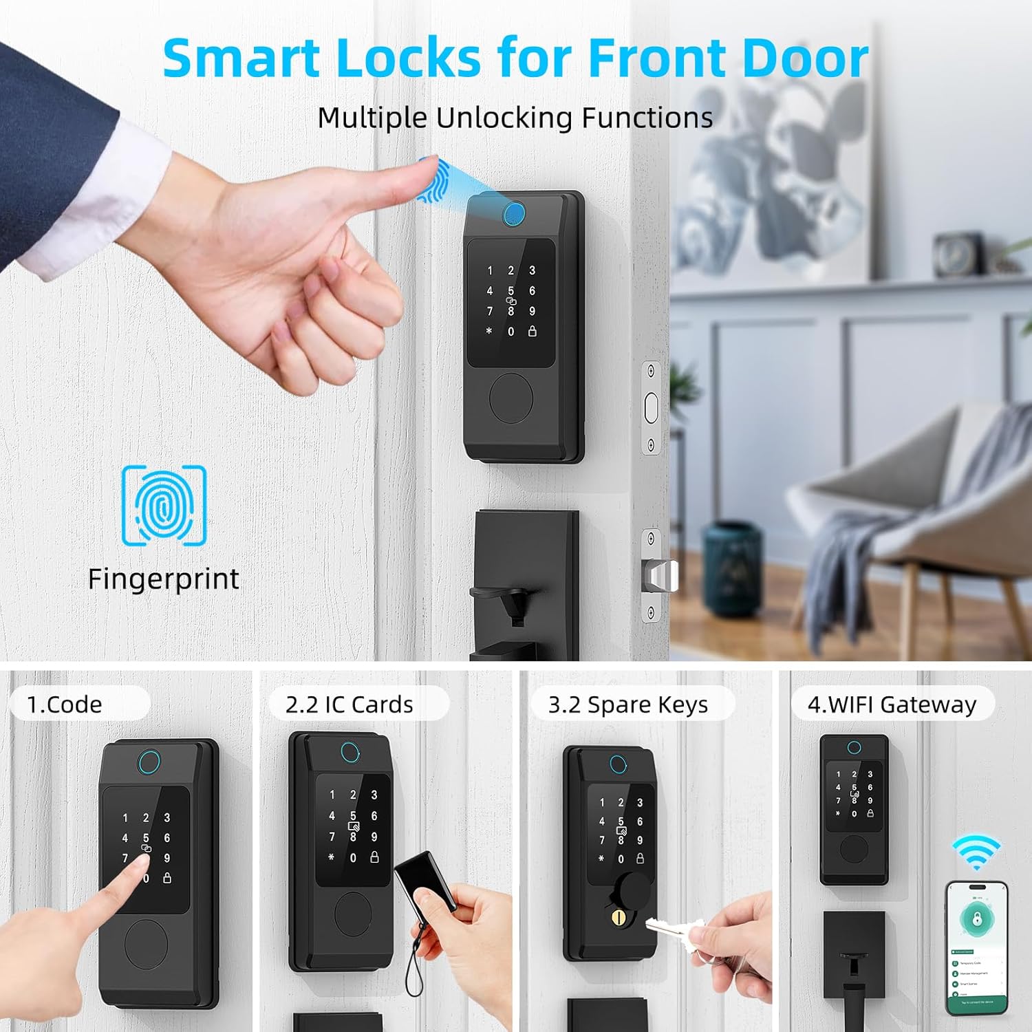 WiFi Front Door Lock Sets with Handle, Fingerprint Keyless Entry and Smart Keypad with Lever Handles, Electronic Screen+WiFi Gateway, APP Control, Auto-Lock, Voice Control