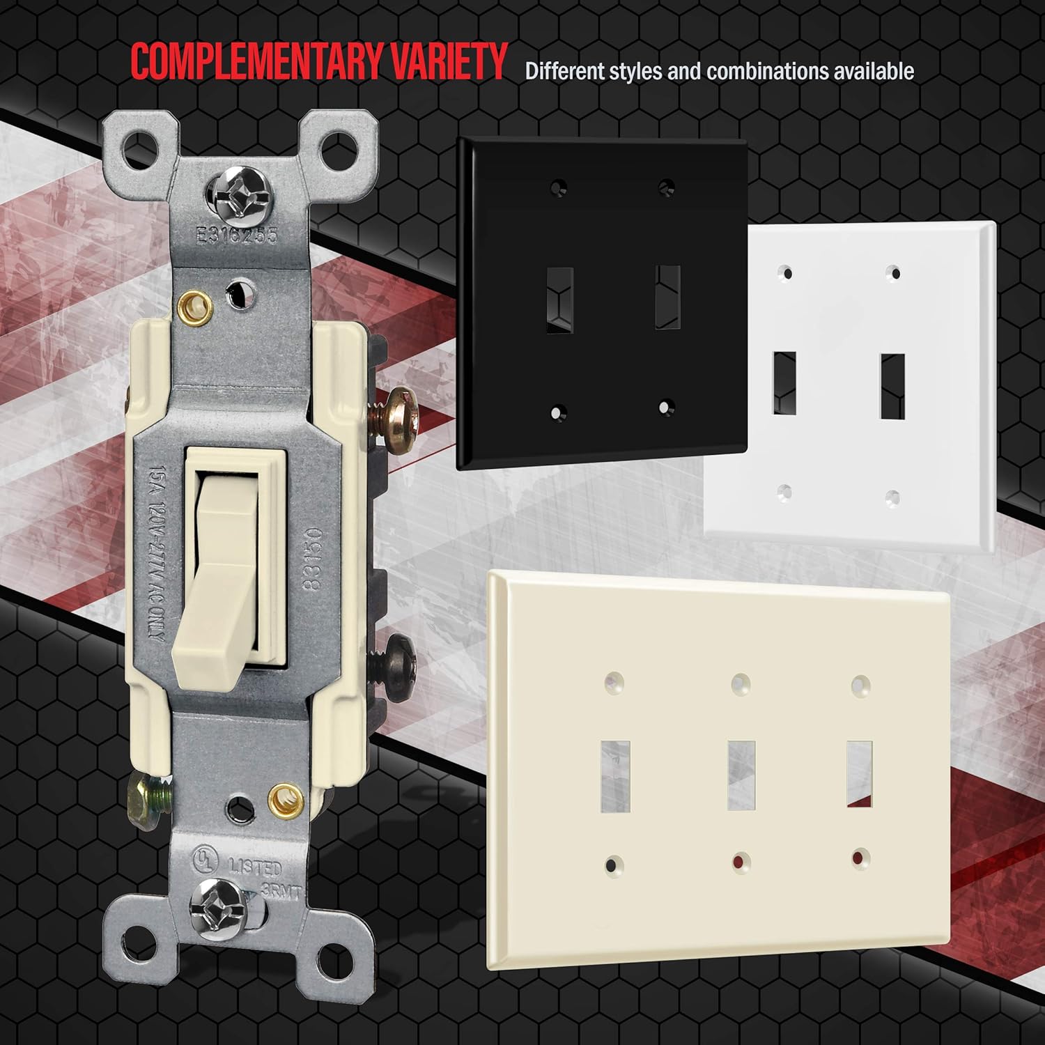 ENERLITES Triple Light Switch Wall Plate, Toggle Switch Plate, Gloss Finish, 3-Gang Mid-Size 4.88" x 6.77", Unbreakable Polycarbonate Thermoplastic, UL Listed, 8813M-LA, Light Almond