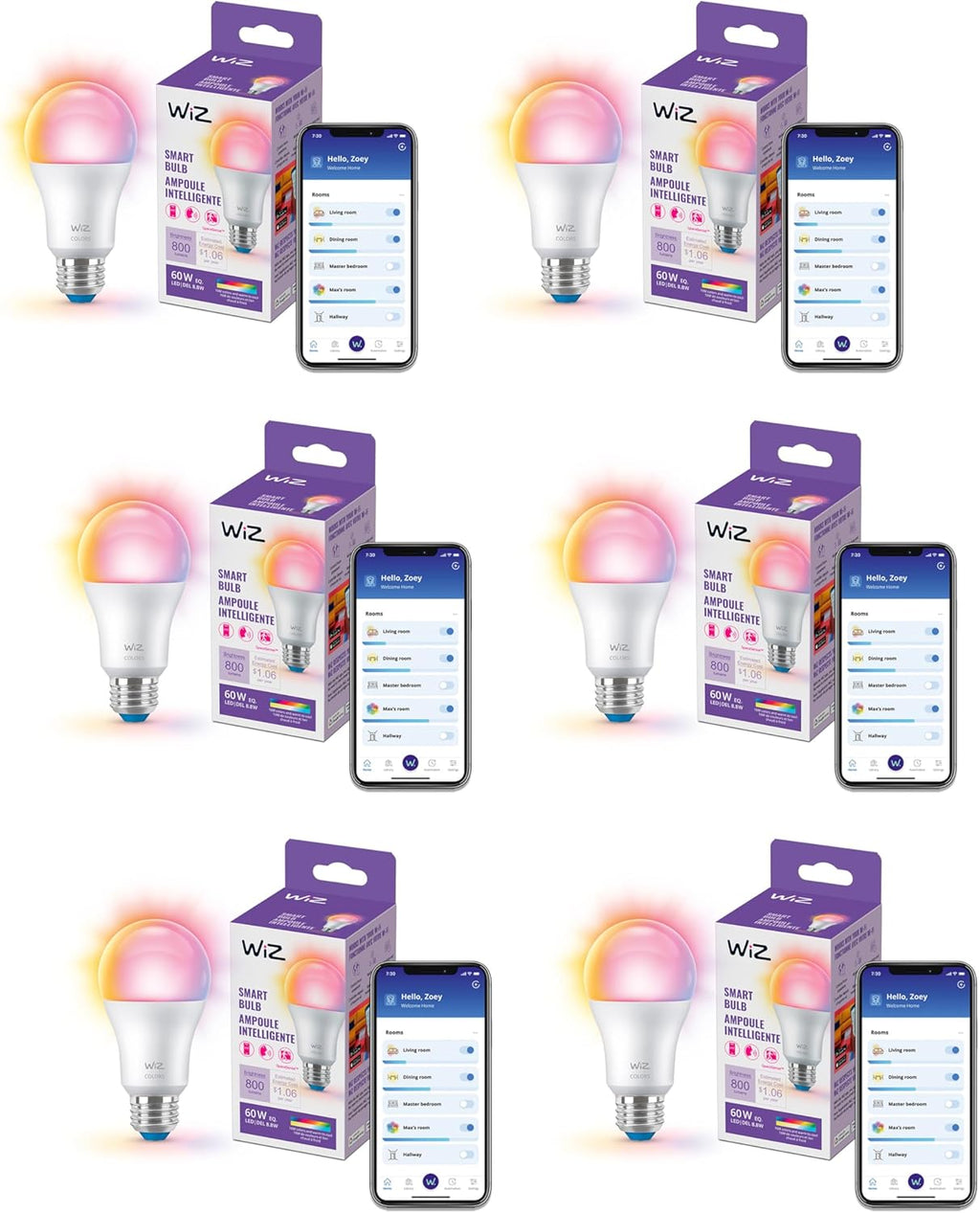 WiZ LED Smart Light Bulbs, Sunset to Sunrise Automation + Motion Detection + Control with Voice or App, Full Color A19 60W 800LM E26 Indoor, Matter Compatible - 6 Pack