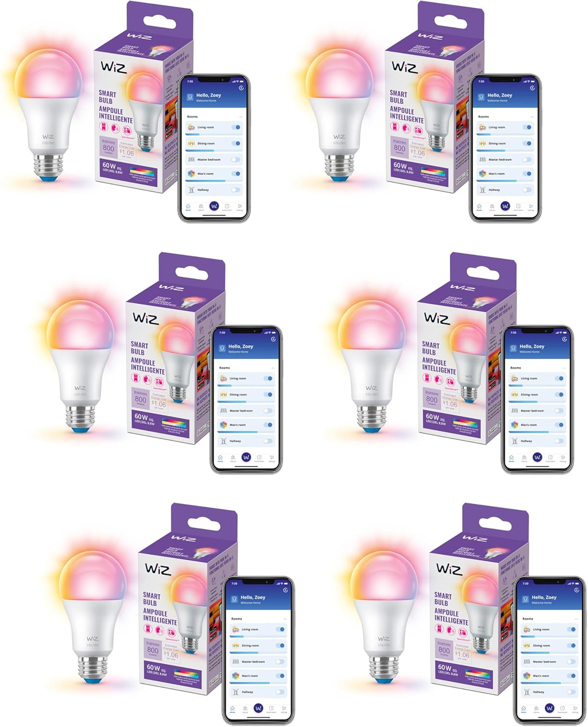 WiZ LED Smart Light Bulbs, Sunset to Sunrise Automation + Motion Detection + Control with Voice or App, Full Color A19 60W 800LM E26 Indoor, Matter Compatible - 6 Pack