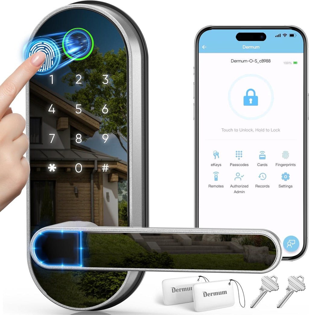 Keyless Entry Fingerprint Digital Smart Lock with Handle & Keypad: Electronic/Electric Lock with Code, App Control Biometric Deadbolt Door Knob for Front, Interior, Exterior & Bedroom Door (Silver)