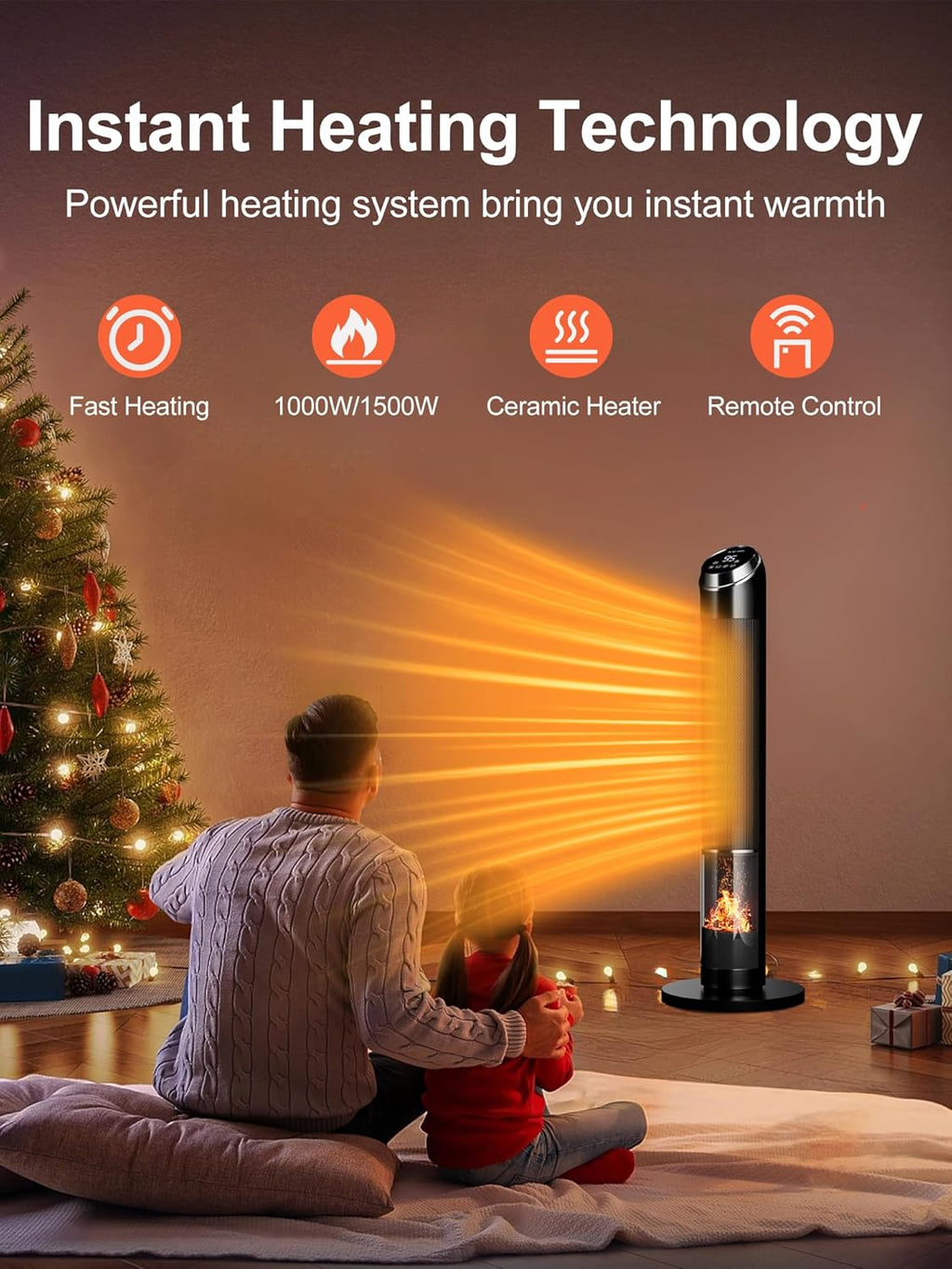 Space Heaters for Large Room, 38IN Electric Heater with Thermostat, 1500W Portable Space Heater with 80°Oscillation, 24H Timer Bedroom Heater, Remote Control, Tip-over & Overheat Protection Indoor Use