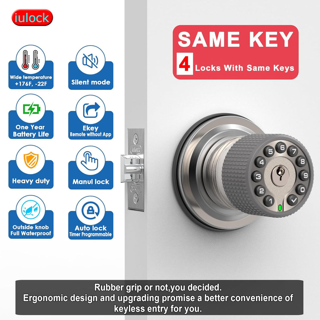 Smart Door Knob with Keypad and Key,Keyless Entry Door Lock with Rubber Grip, Auto Lock,50 User Code,Waterproof, Easy to Install and Program for Bedroom(Stain Nickel Same Key 4 Pack)