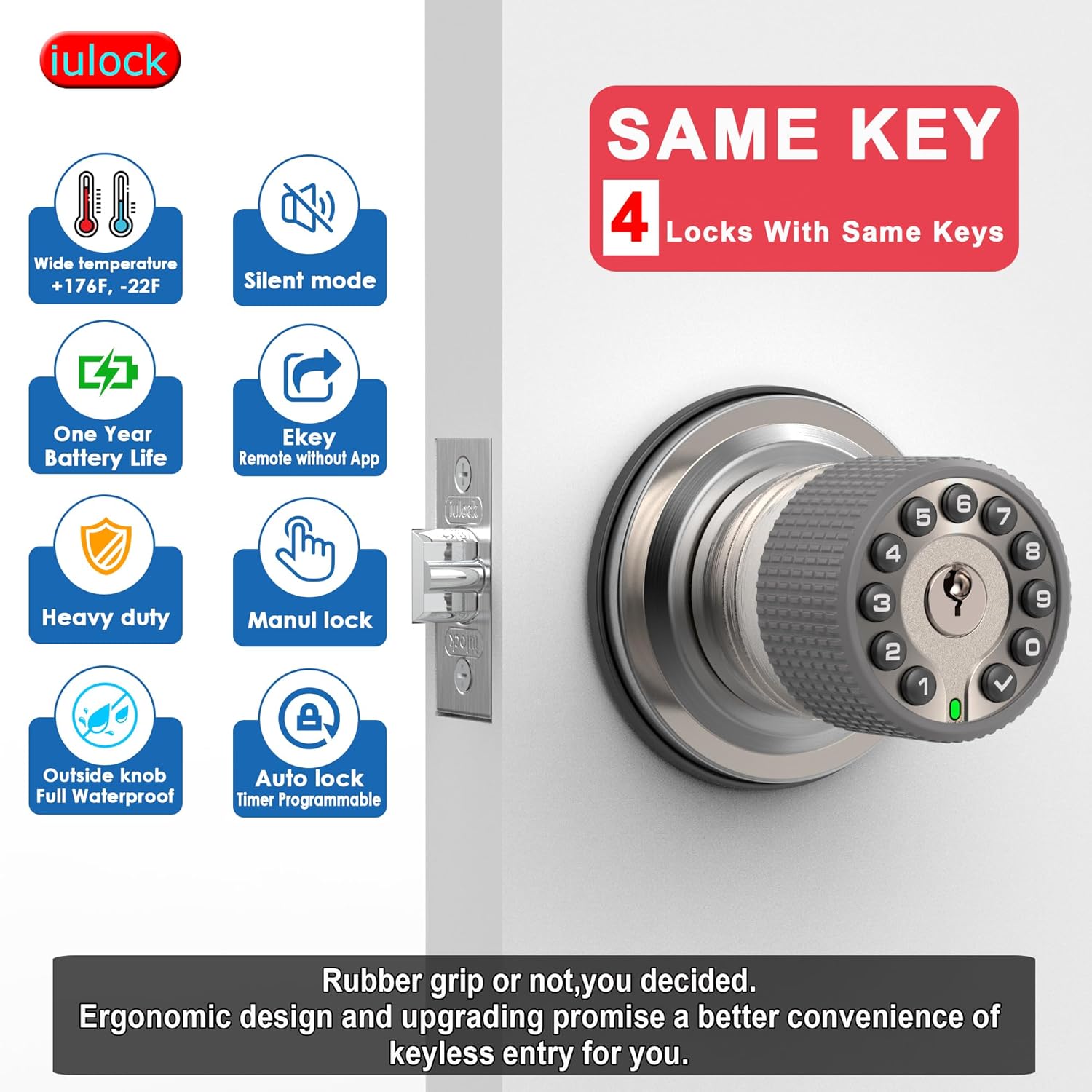 Smart Door Knob with Keypad and Key,Keyless Entry Door Lock with Rubber Grip, Auto Lock,50 User Code,Waterproof, Easy to Install and Program for Bedroom(Stain Nickel Same Key 4 Pack)