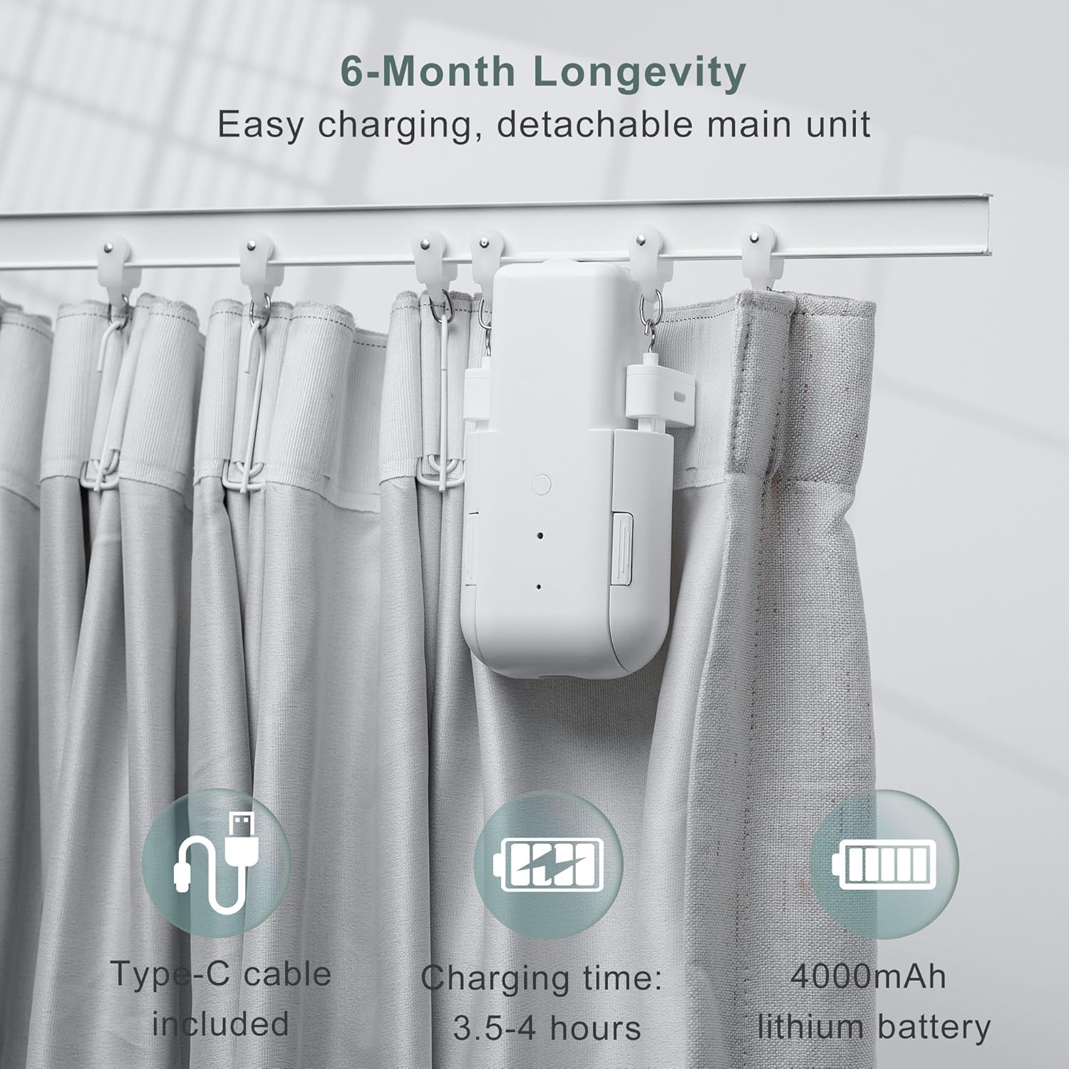 Automatic Curtain Opener Electric: Smart Remote Control Closer｜Long-Lasting Battery/Type-C｜No Drill for 8-40mm Roman Rods/T-Tracks & U-Rails｜Quiet Motor Robot for Bedroom/living room