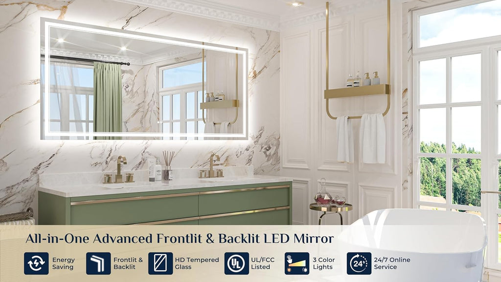 Keonjinn 72" x 36" LED Mirror with Frontlit & Backlit, Lighted Bathroom Mirror, HD Tempered Glass, Stepless Dimmable 3 Color Lights, Safe Defogger, UL-Listed, Oversized Light Up Bathroom Vanity Mirror