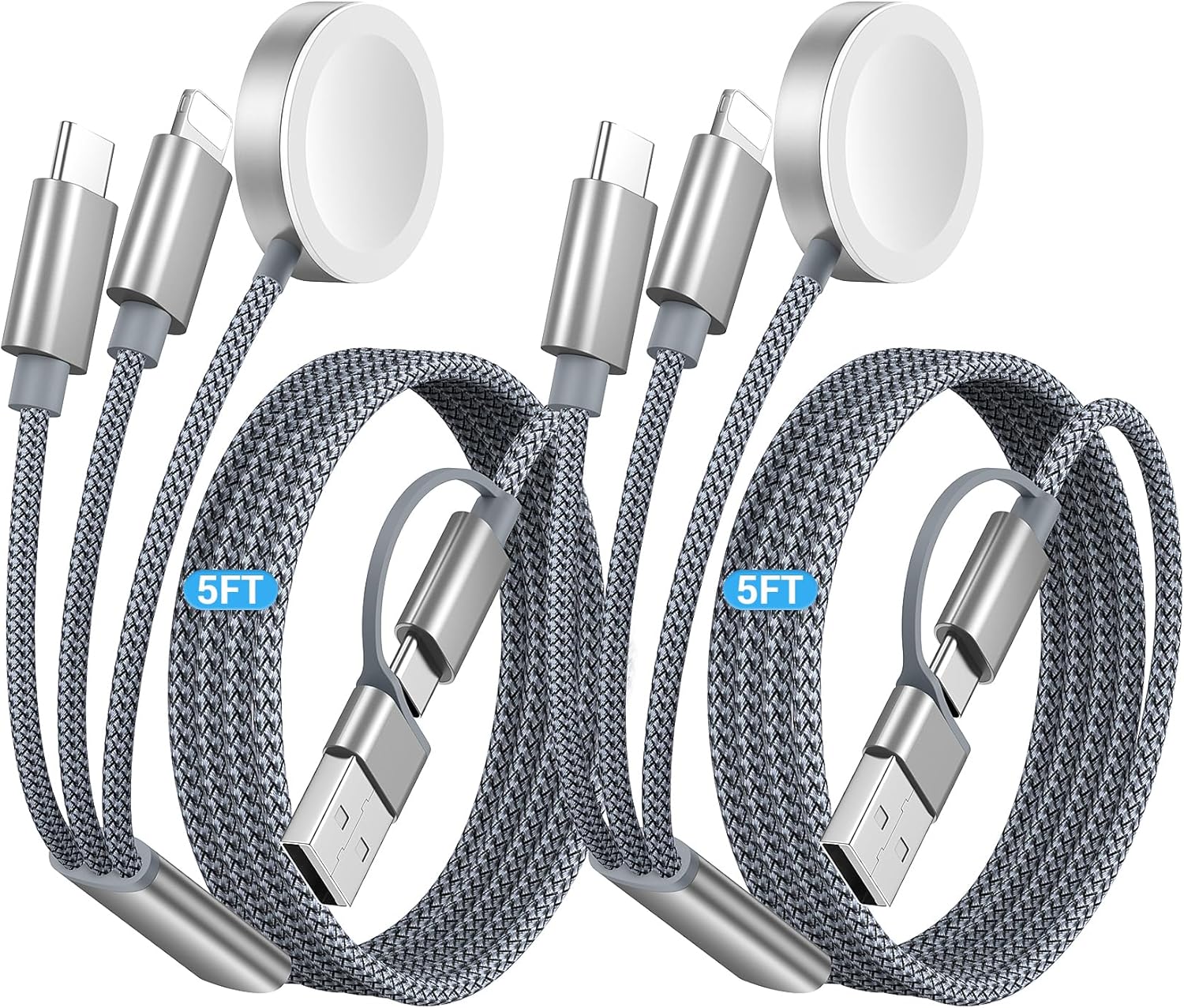 Temdan 2Pack for Apple Watch Charger, 3 in 2 Multi Charging Cable, iPhone Charger, USB A/Type C/Lightning Cable, Portable Travel Essentials Designed for iWatch Ultra/SE/11-1 & iPhone 17-12/ iPad-5Ft