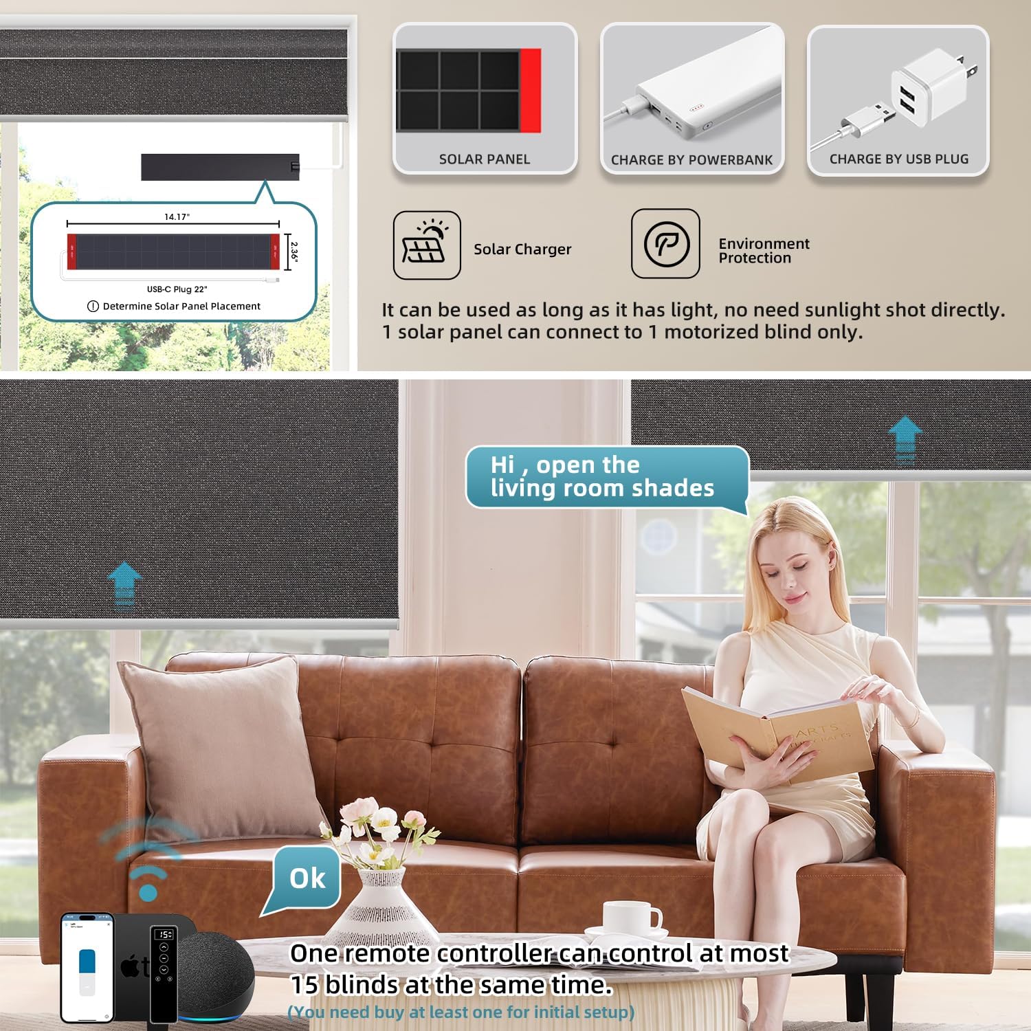SmartWings Motorized 100% Blackout Shades Blinds, Custom Size, Cordless Window Shades with Rechargeable Battery, Work with Matter/Apple HomeKit, Alexa, Thread/Zigbee, Remote Optional, Eclipse Umber