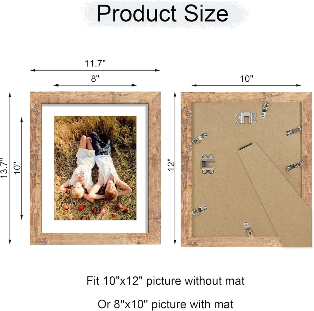 iRahmen 10x12 Picture Frame with HD Tempered Glass, Display Pictures 8x10 with Mat or 10 x 12 Without Mat, Wood Photo Frame for Tabletop and Wall Display (Rustic Brown, 1 Pack)