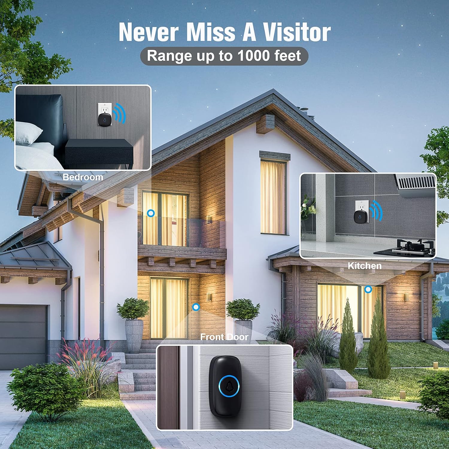 SECRUI Doorbell, Wireless Doorbell with 2 Receivers Easy installation, Adjustable Volume, 58 Chimes, Colorful LED, 1000Ft Range, M520+F55, Black