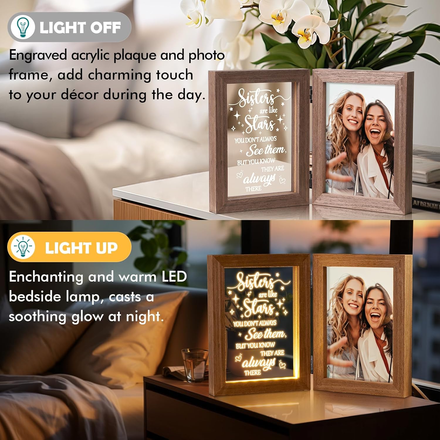 Sisters Gifts from Sister Christmas Gifts for Sister from Brother - Sister Picture Frame 5x7 with Night Light Friendship Gifts Friend Gifts for Women Sister Girls, Birthday Sister In Law Gifts