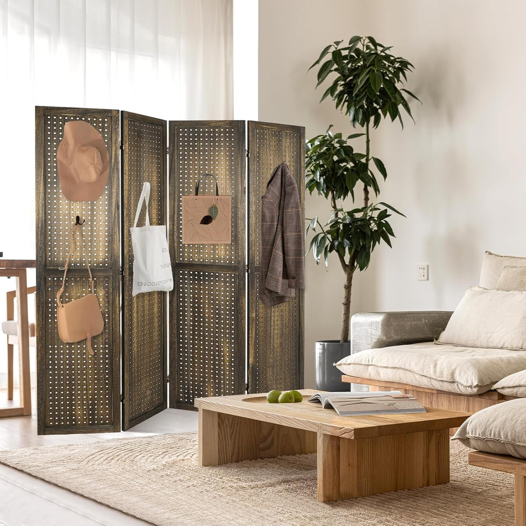 Babion 4 Panel Pegboard Display, Peg Board Room Divider Freestanding Folding Privacy Screens Pegboard Display Stand for Craft Shows (Brown)